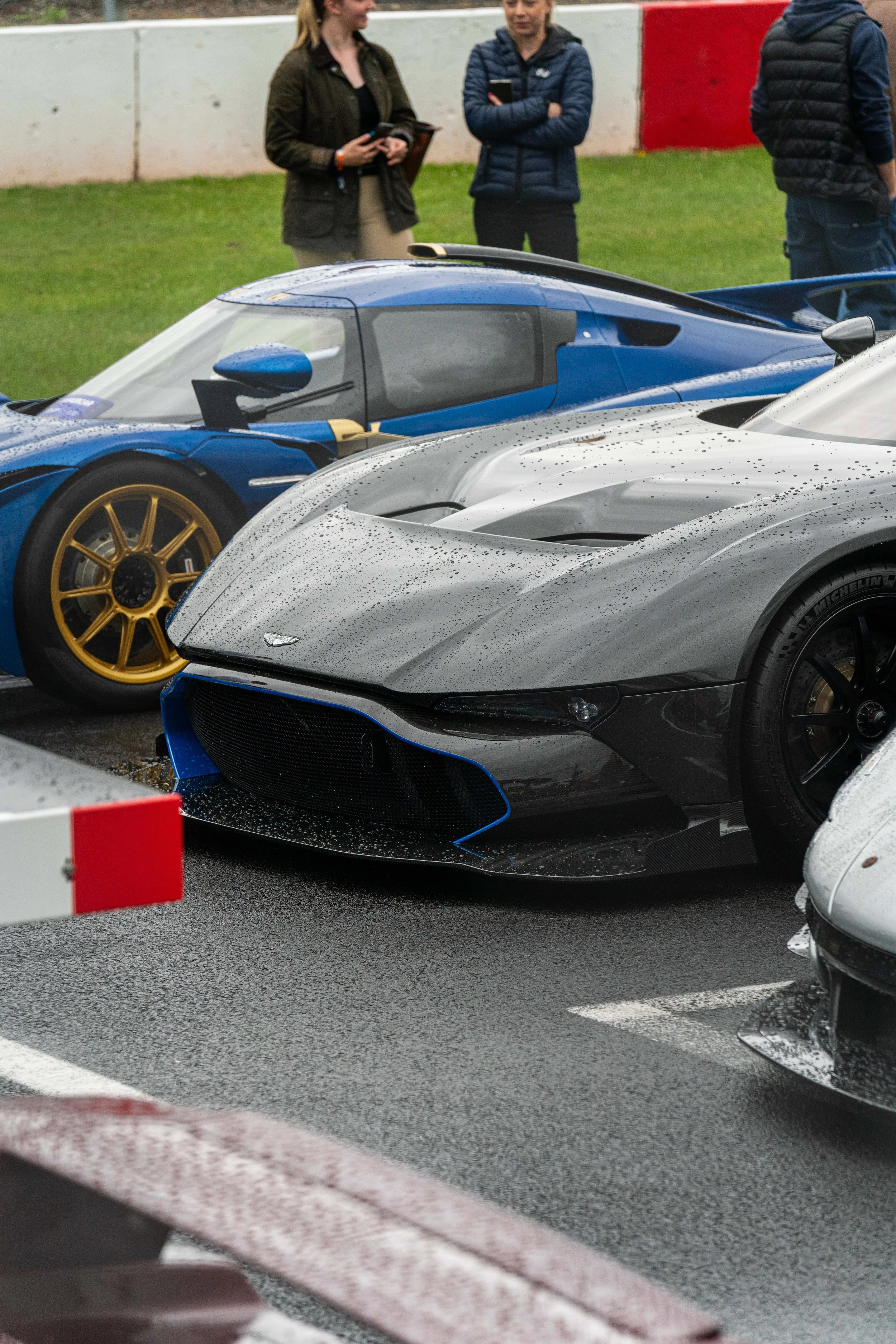 Several race cars parked under wet conditions, with water droplets on their surfaces. In the background, three people are standing and talking on a grassy area near a track.