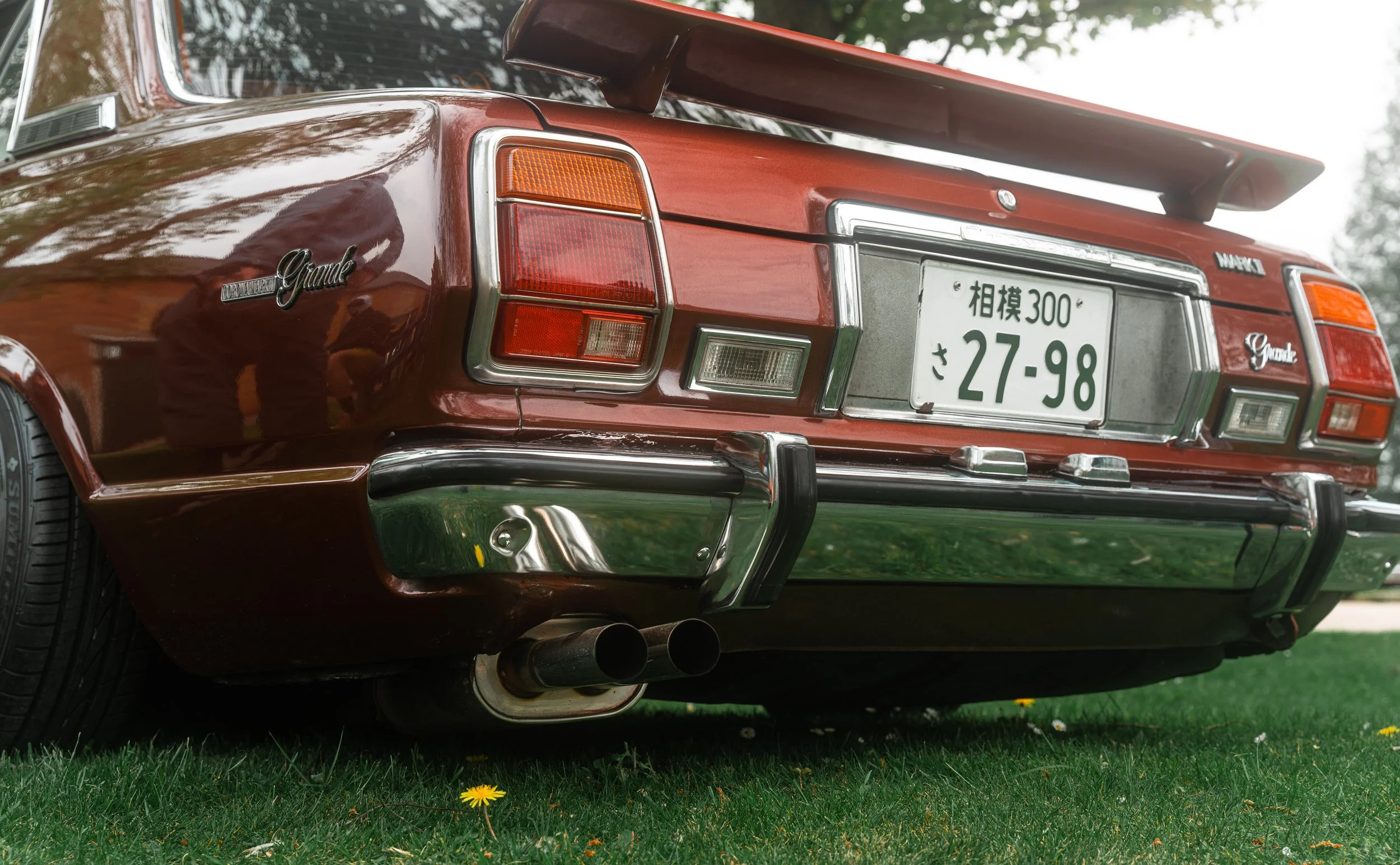 Rear view of a vintage red Lotus Esprit Turbo with a Japanese license plate, parked on grass with a small yellow flower nearby.