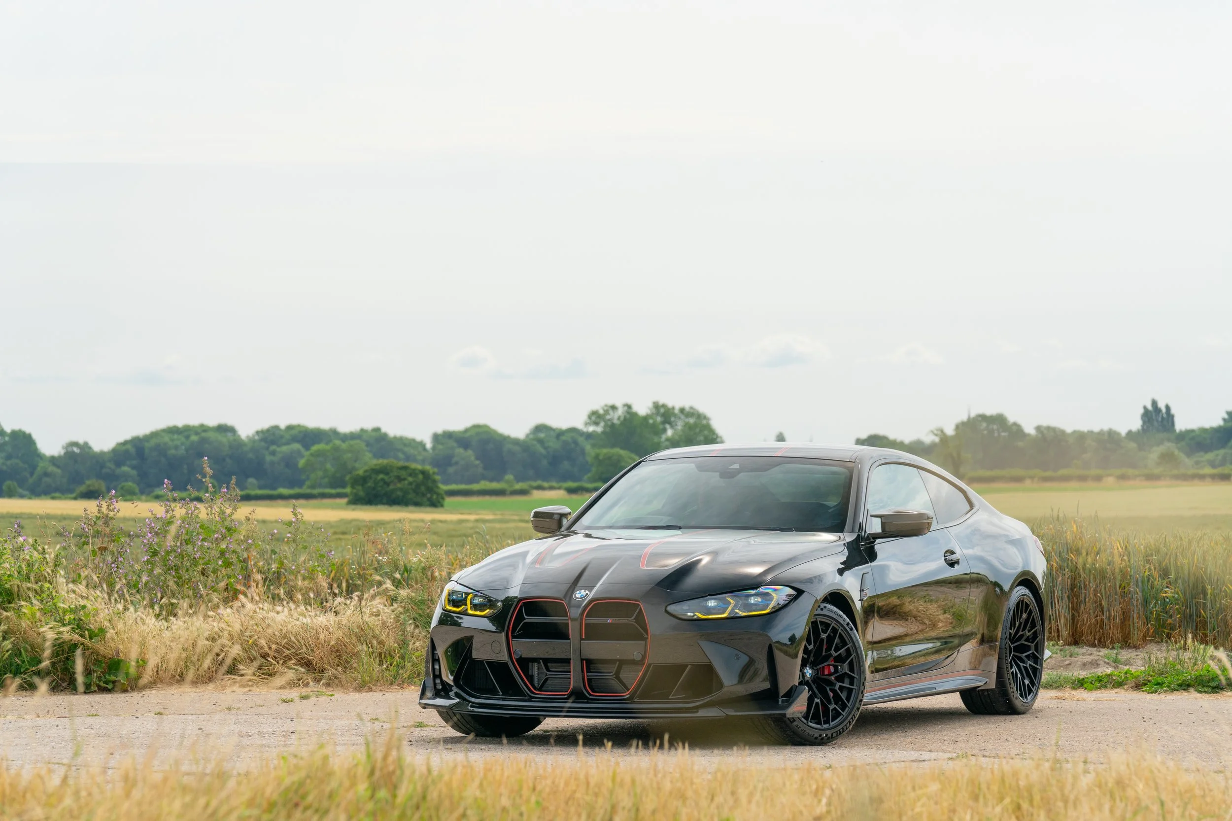 A black BMW M4 coupe with a custom front grille parked on a rural dirt road, surrounded by grass and field, under a cloudy sky.