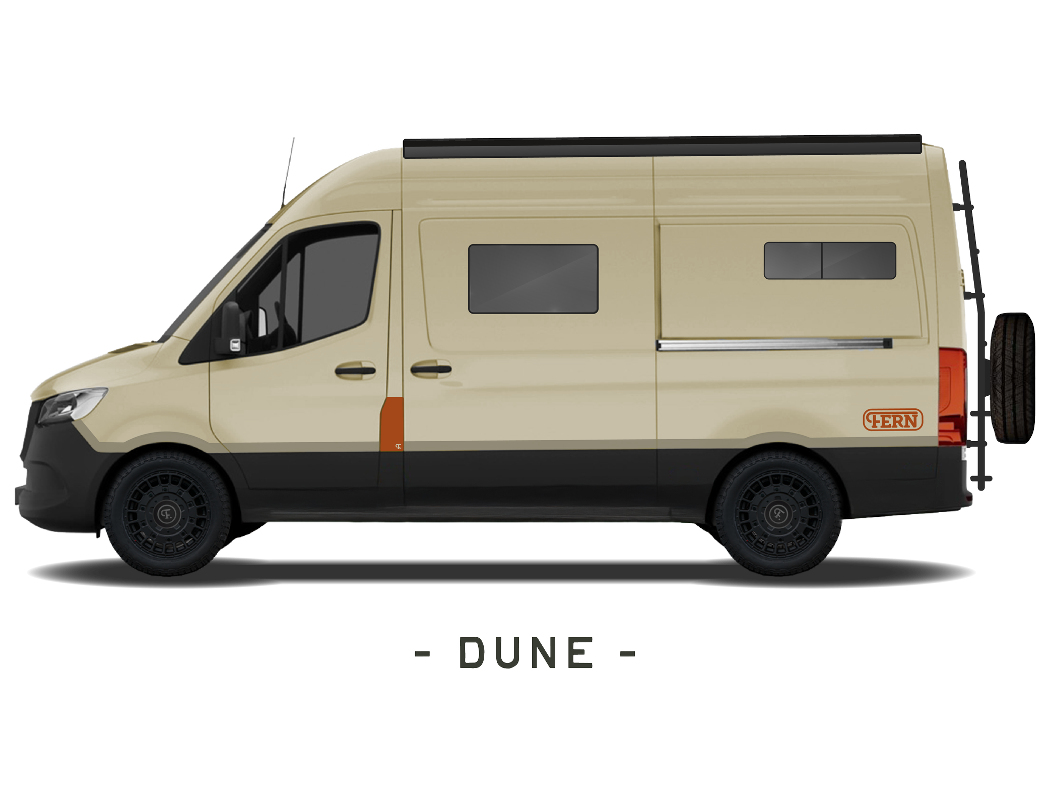 Side view of a beige FERN camper van with black accents, large windows, a mounted spare tire, and branding near the rear, set against a neutral background.