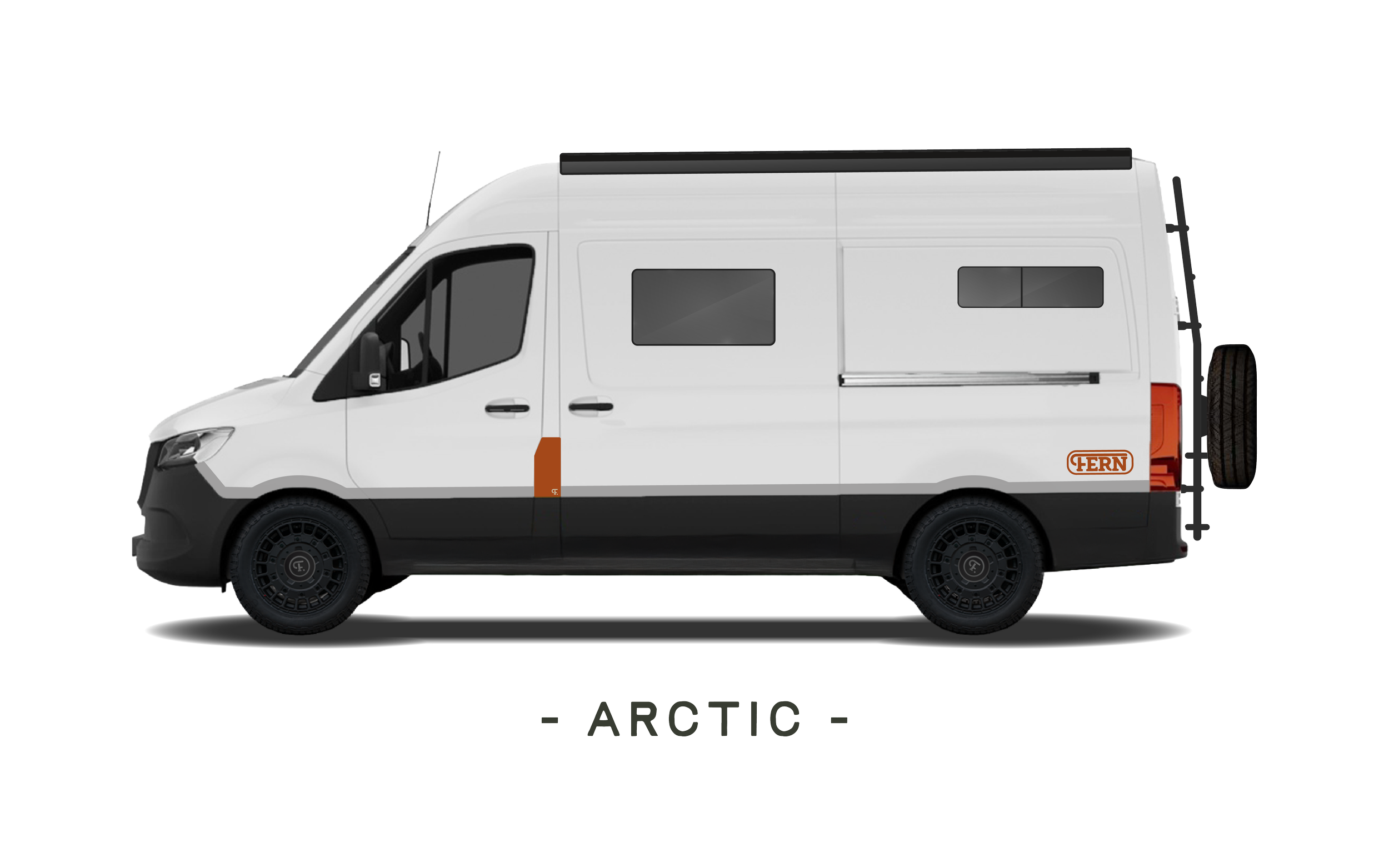 Side view of a white Arctic expedition camper van with black accents, two windows, a spare tire mounted at the rear, and a small Fern logo near the back wheel.
