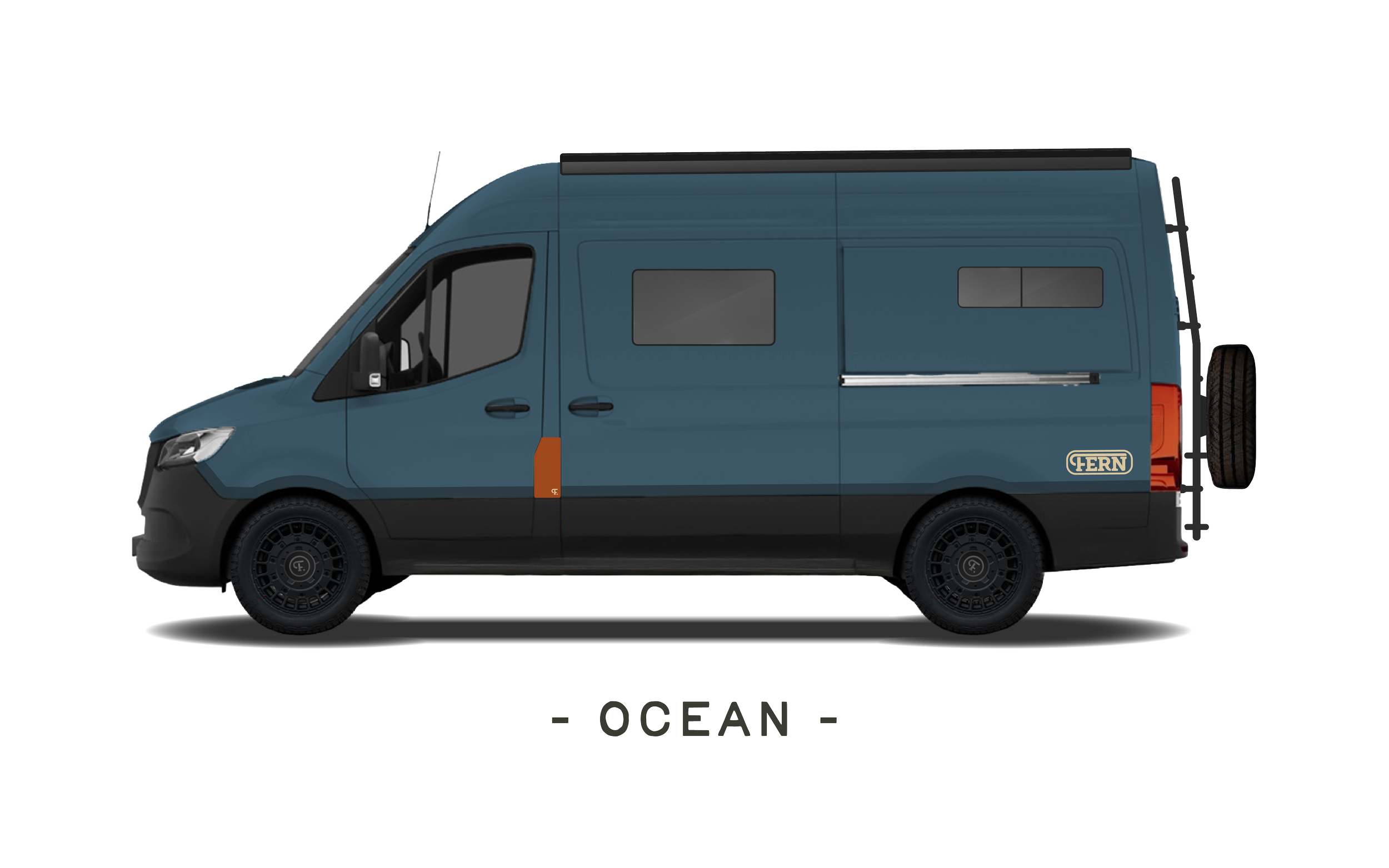 A blue camper van with black wheels and a spare tire attached to the back is shown. The van has windows and a door, along with the word 'FERN' on it. Below the van, the words 'OCEAN' are displayed.