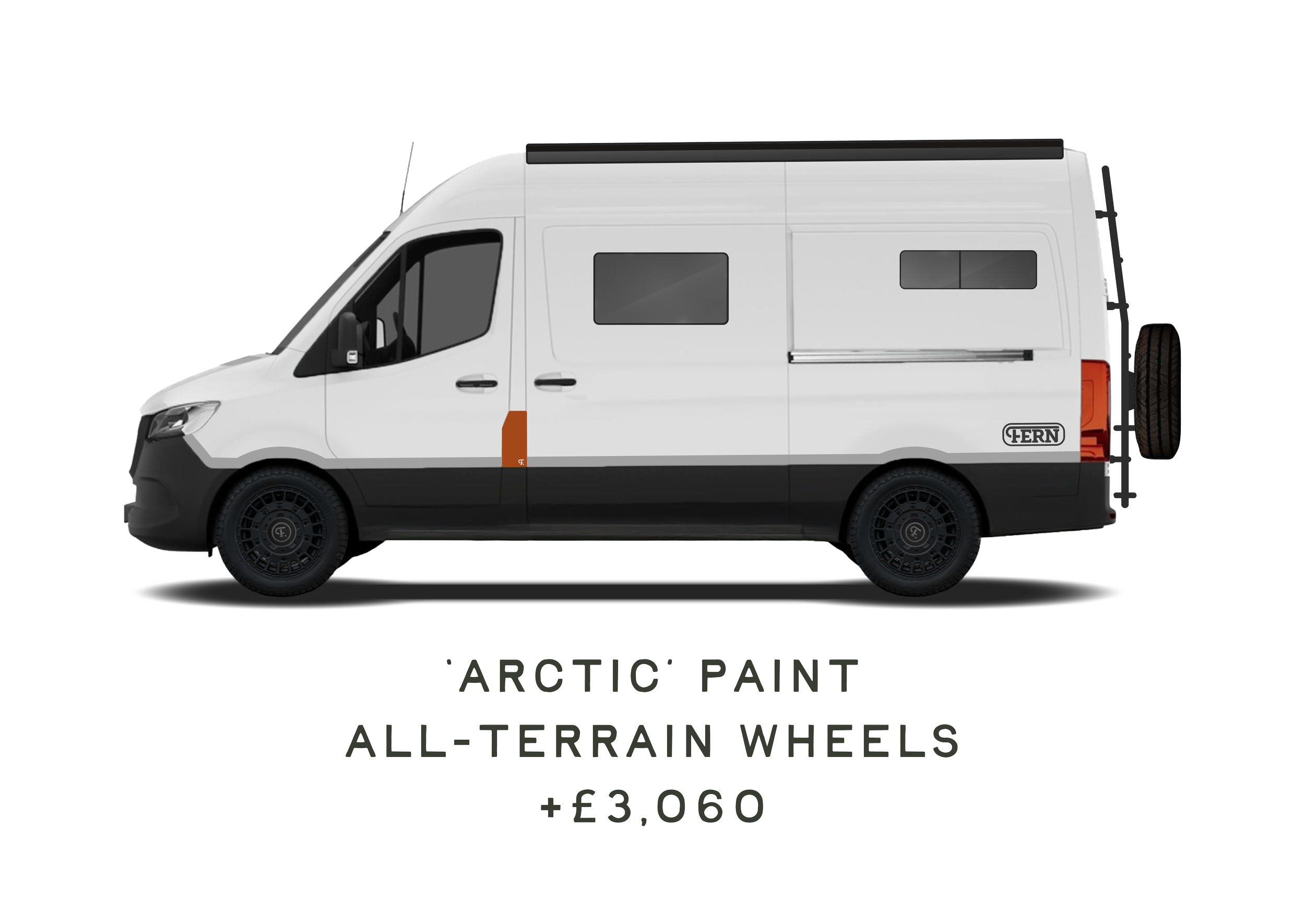 A white-coloured campervan with black wheels and all-terrain features attached to the outside. The van has additional windows, upgraded wheels, and a ladder, along with 'FERN' vinyls added. Below is the heading, 'Ocean paint & all-terrain wheels, +£3