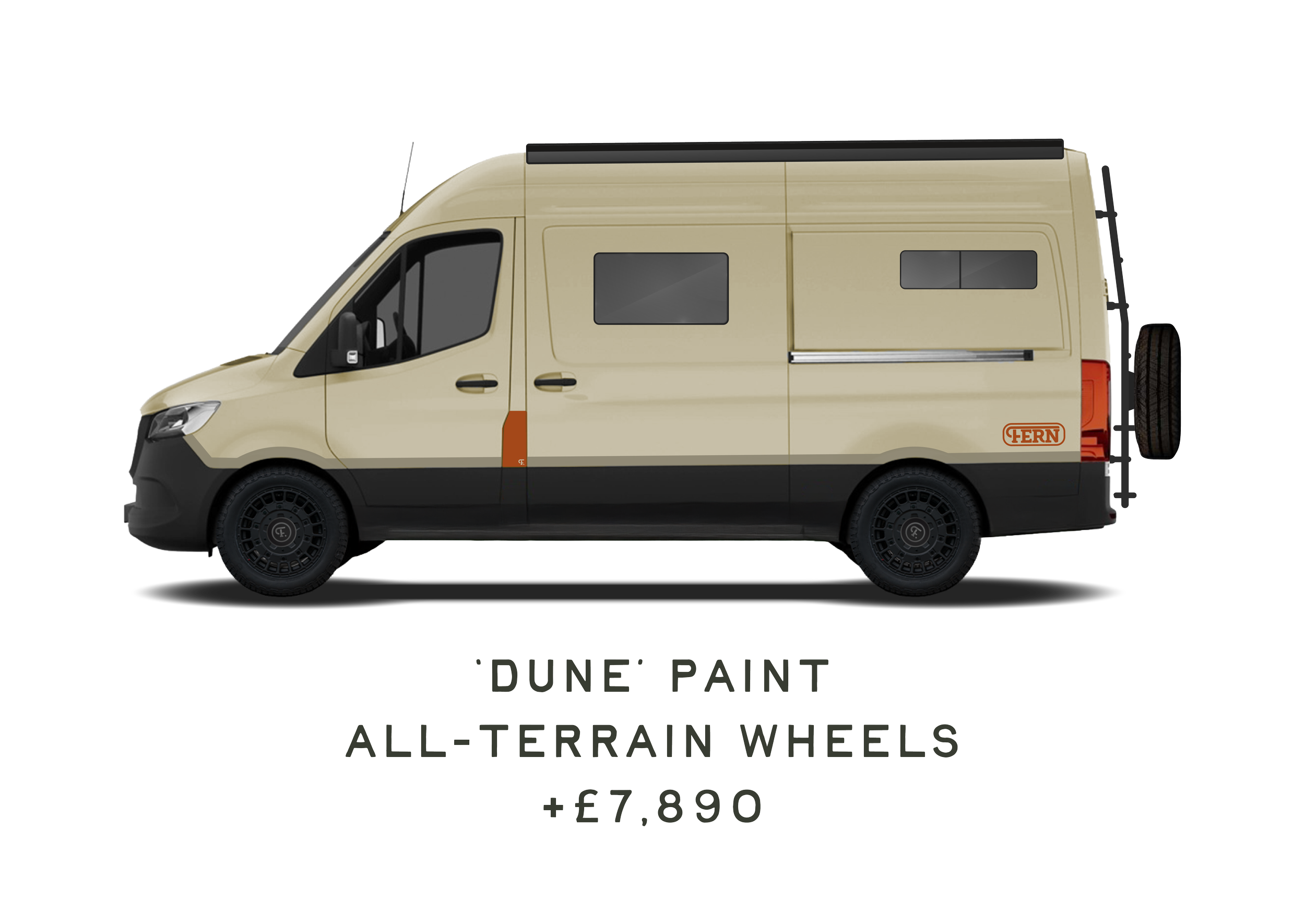 A beige-coloured campervan with black wheels and all-terrain features attached to the outside. The van has additional windows, upgraded wheels, and a ladder, along with 'FERN' vinyls added. Below is the heading, 'Dune paint & all-terrain wheels, +£7,
