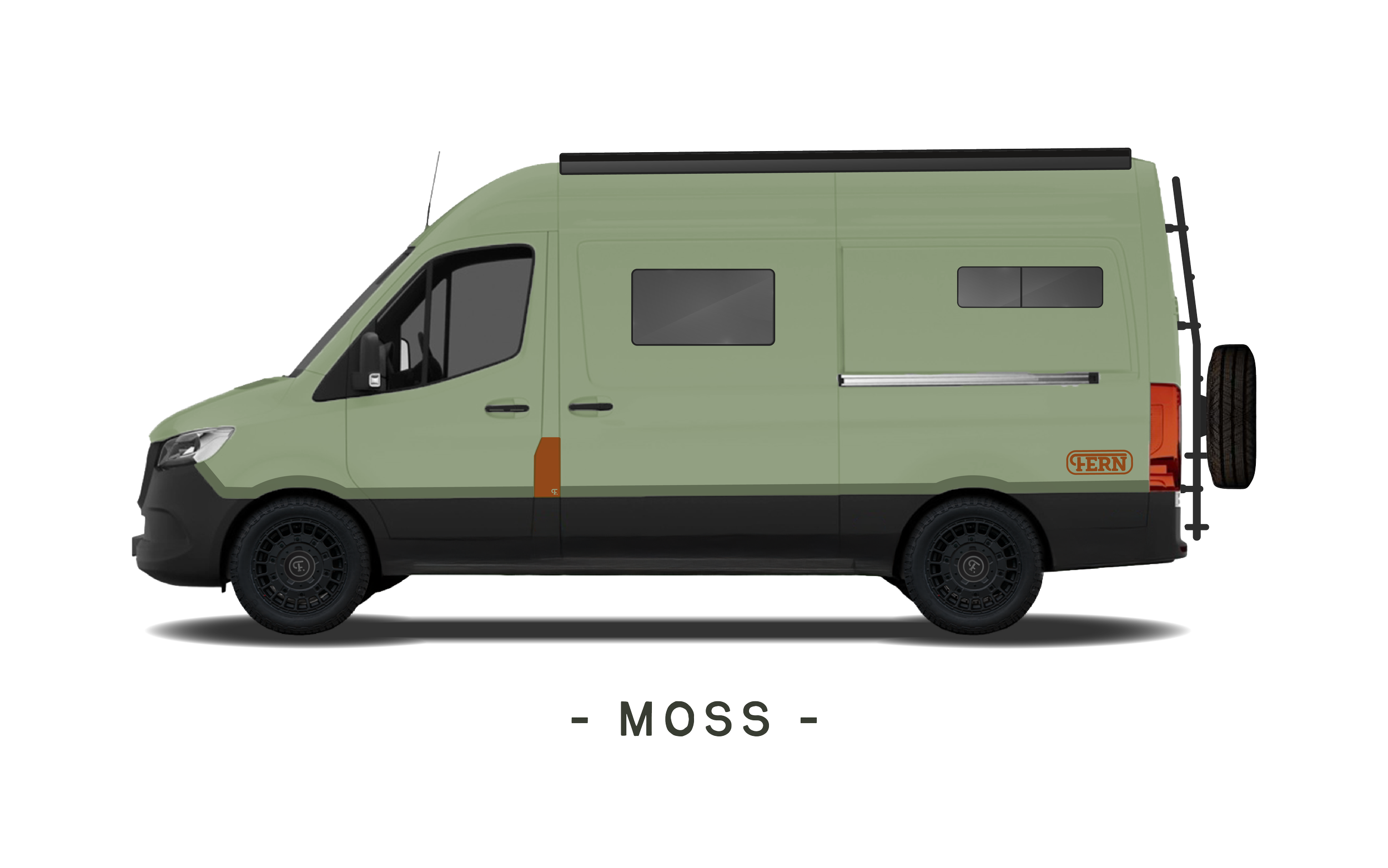 Side view of a green camper van named MOSS with black wheels, windows, and a spare tire mounted on the rear, featuring the branding FERN on the back.