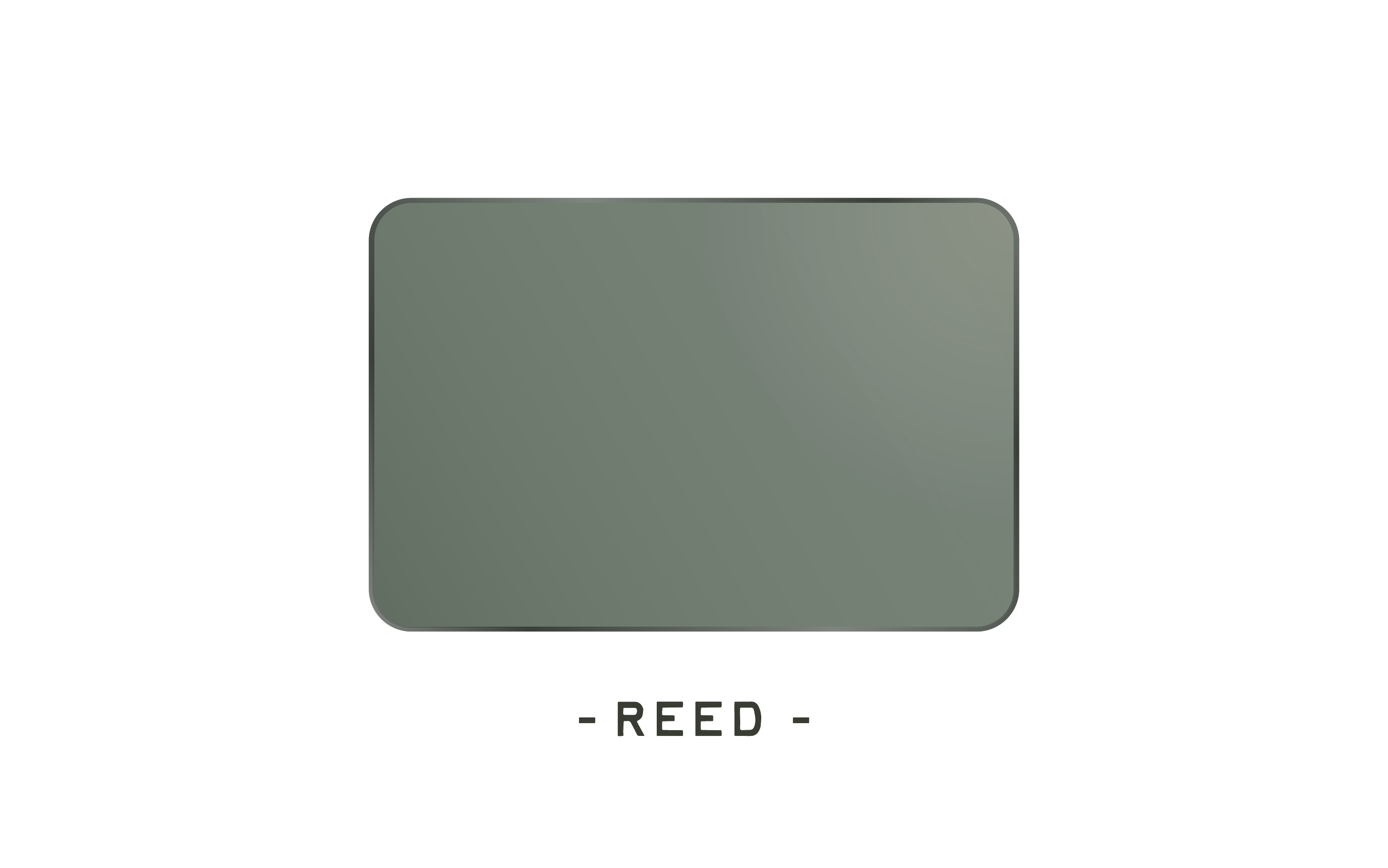 A metallic rectangle with rounded corners centered on a black background, with the word '-REED-' written underneath in stylized uppercase letters in black and green.