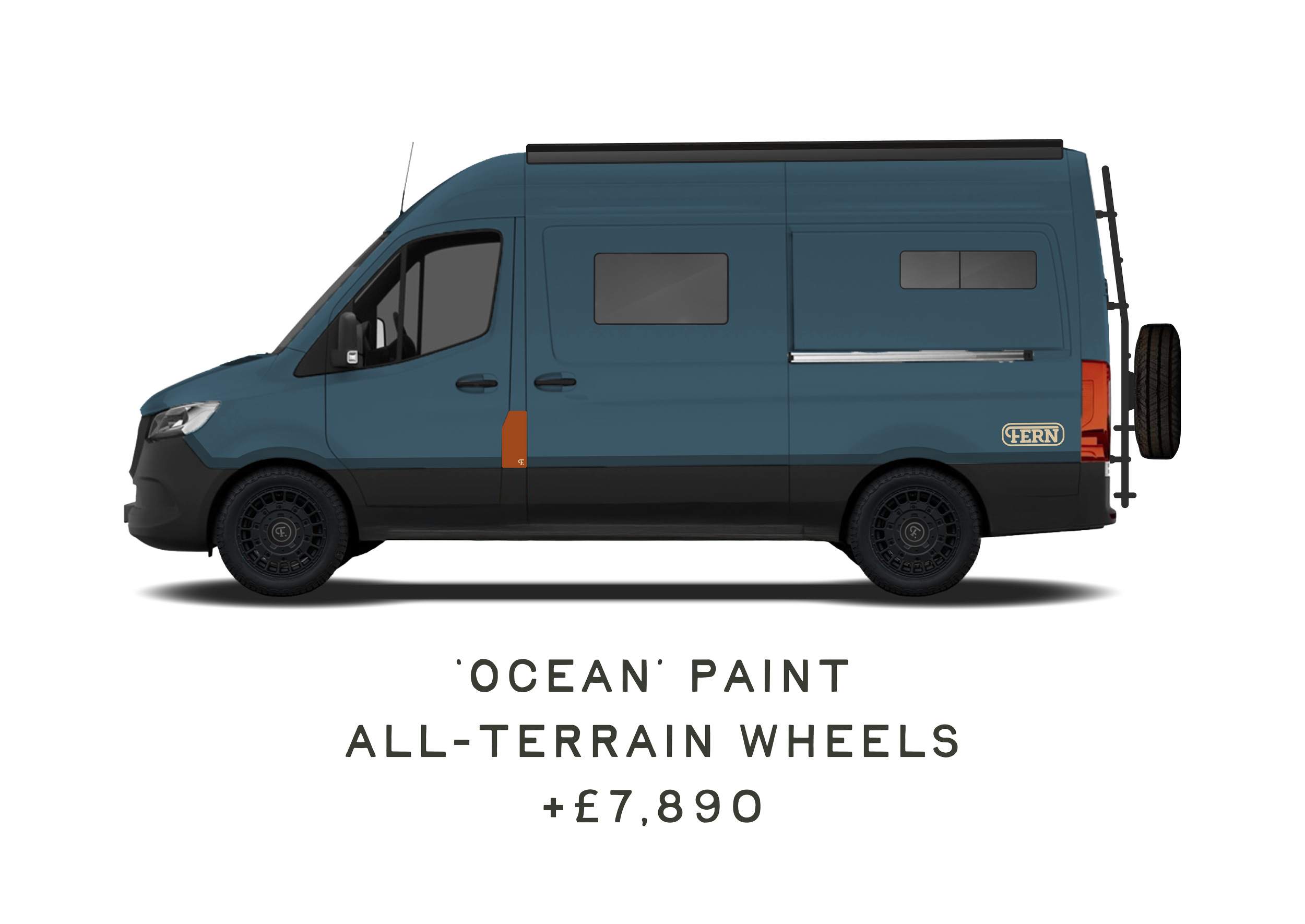 A navy-coloured campervan with black wheels and all-terrain features attached to the outside. The van has additional windows, upgraded wheels, and a ladder, along with 'FERN' vinyls added. Below is the heading, 'Ocean paint & all-terrain wheels, +£7,