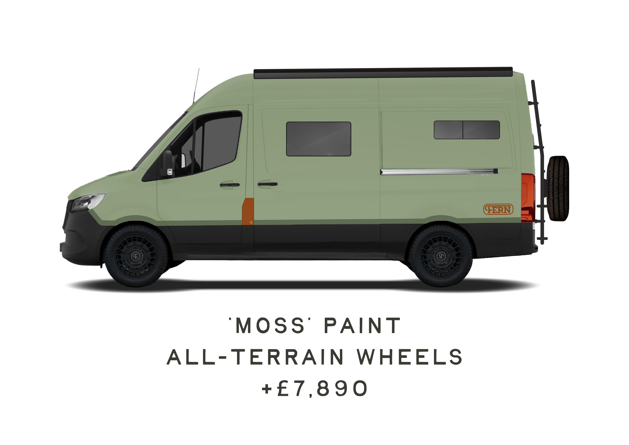 A light green-coloured campervan with black wheels and all-terrain features attached to the outside. The van has additional windows, upgraded wheels, and a ladder, along with 'FERN' vinyls added. Below is the heading, 'Moss paint & all-terrain wheels