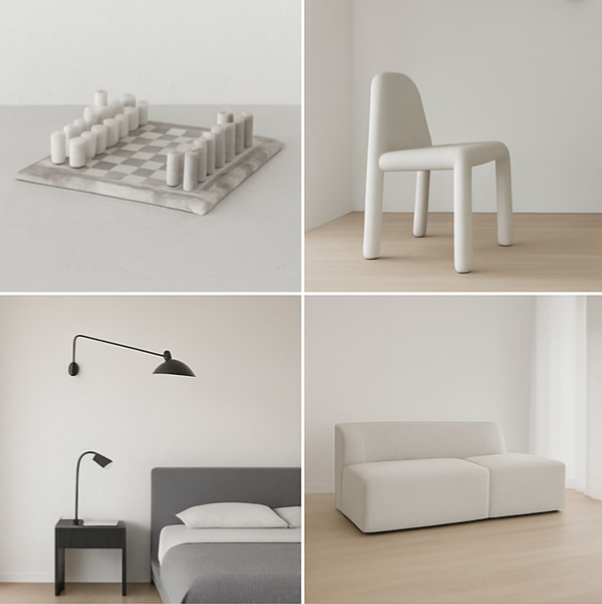 Collage of four minimalist interior design images including a rook and chess pieces, a white modern chair, a bedroom with a bed and wall lamps, and a light-colored sofa in a bright room.