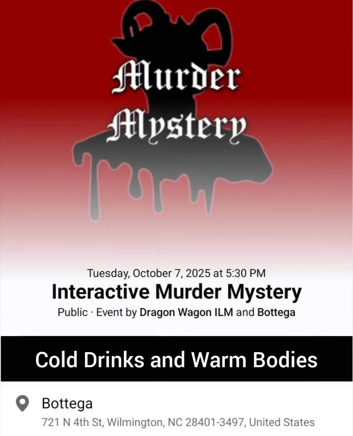 Get ready for a killer night!! We're hosting a murder mystery at Bottega on October 7, with roles for up to 15 people. Tickets in the link in our profile - let's have some fun!

#murdermysteryparty #wilmingtonnc #bloodontheclocktower