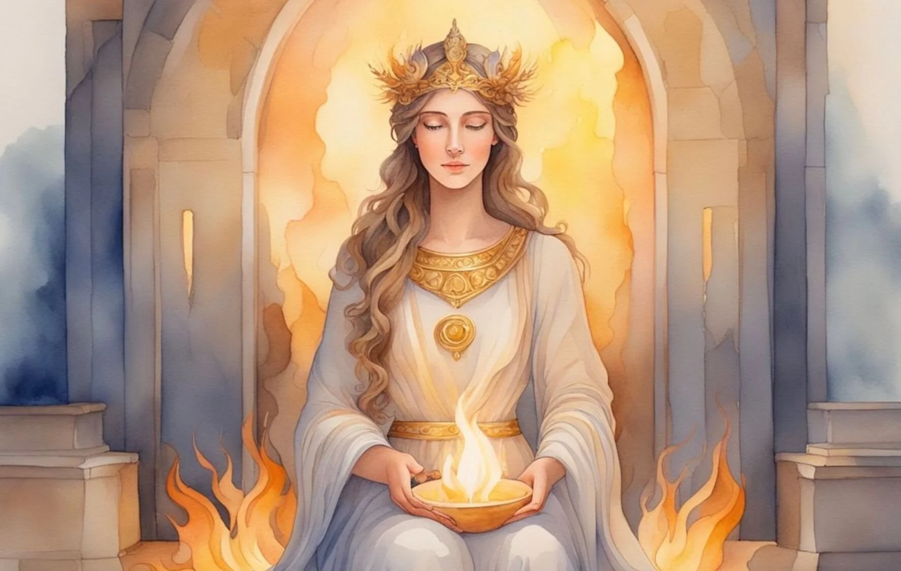 Illustration of a goddess with a golden crown and armor sitting in a temple, holding a bowl with fire, with flames rising around her and a bright background.