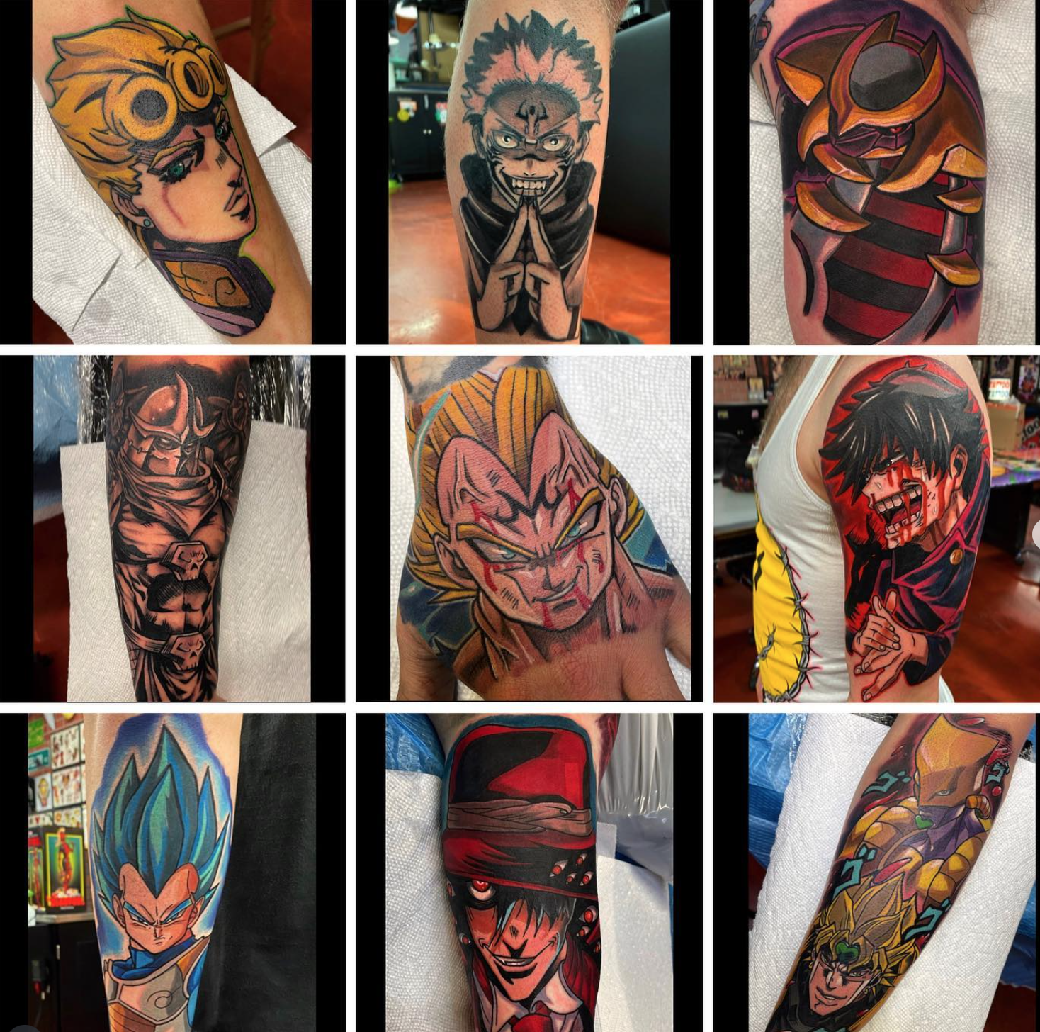 Collage of tattoos featuring anime characters on arms, including characters with colorful, detailed designs from various anime series. Anime Tattoos