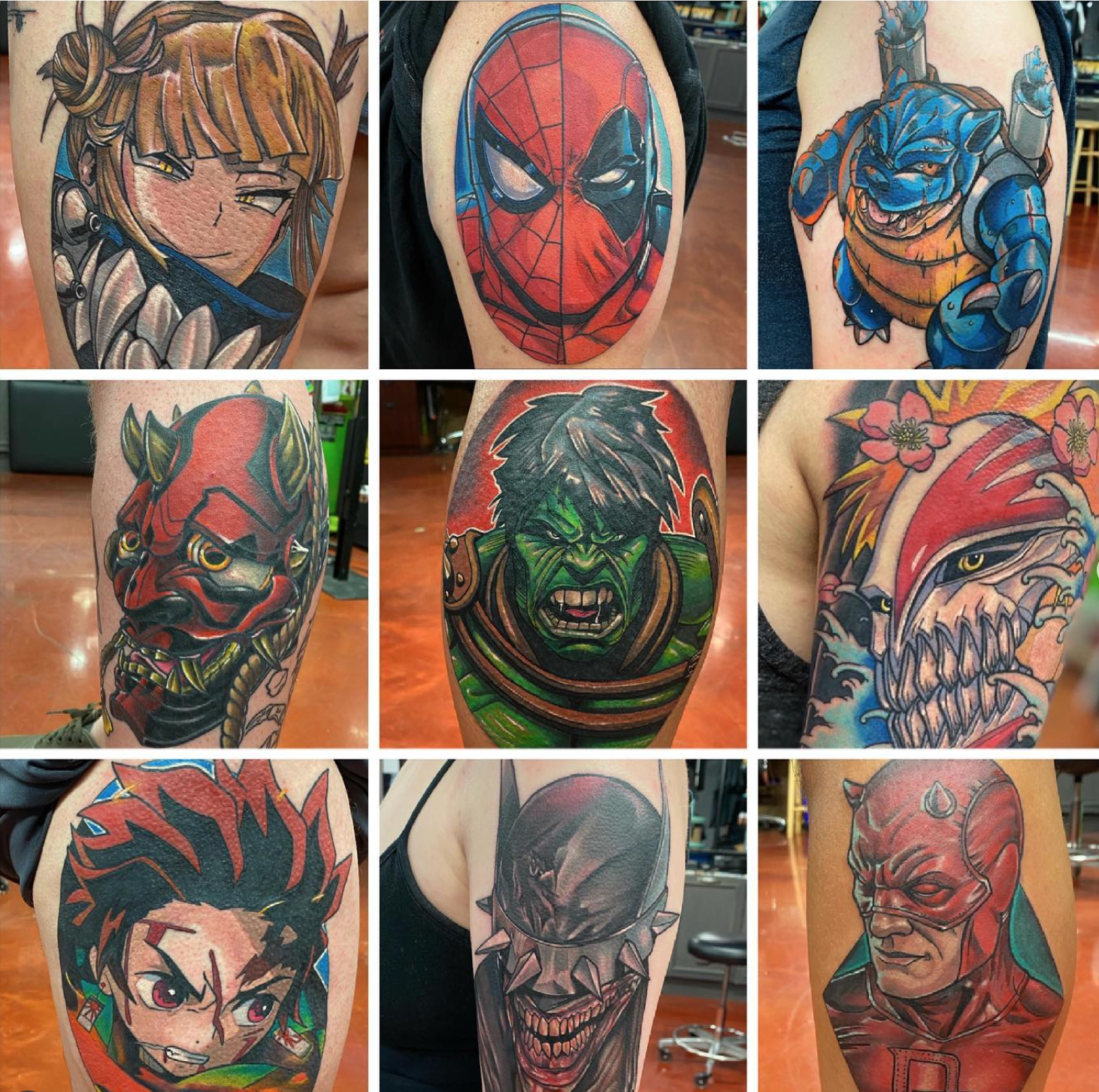Collage of tattoos featuring characters, including anime characters, comic book superheroes like Spider-Man, the Hulk, and Daredevil, as well as fantasy monsters and demons, all in different artistic styles. Anime Tattoos