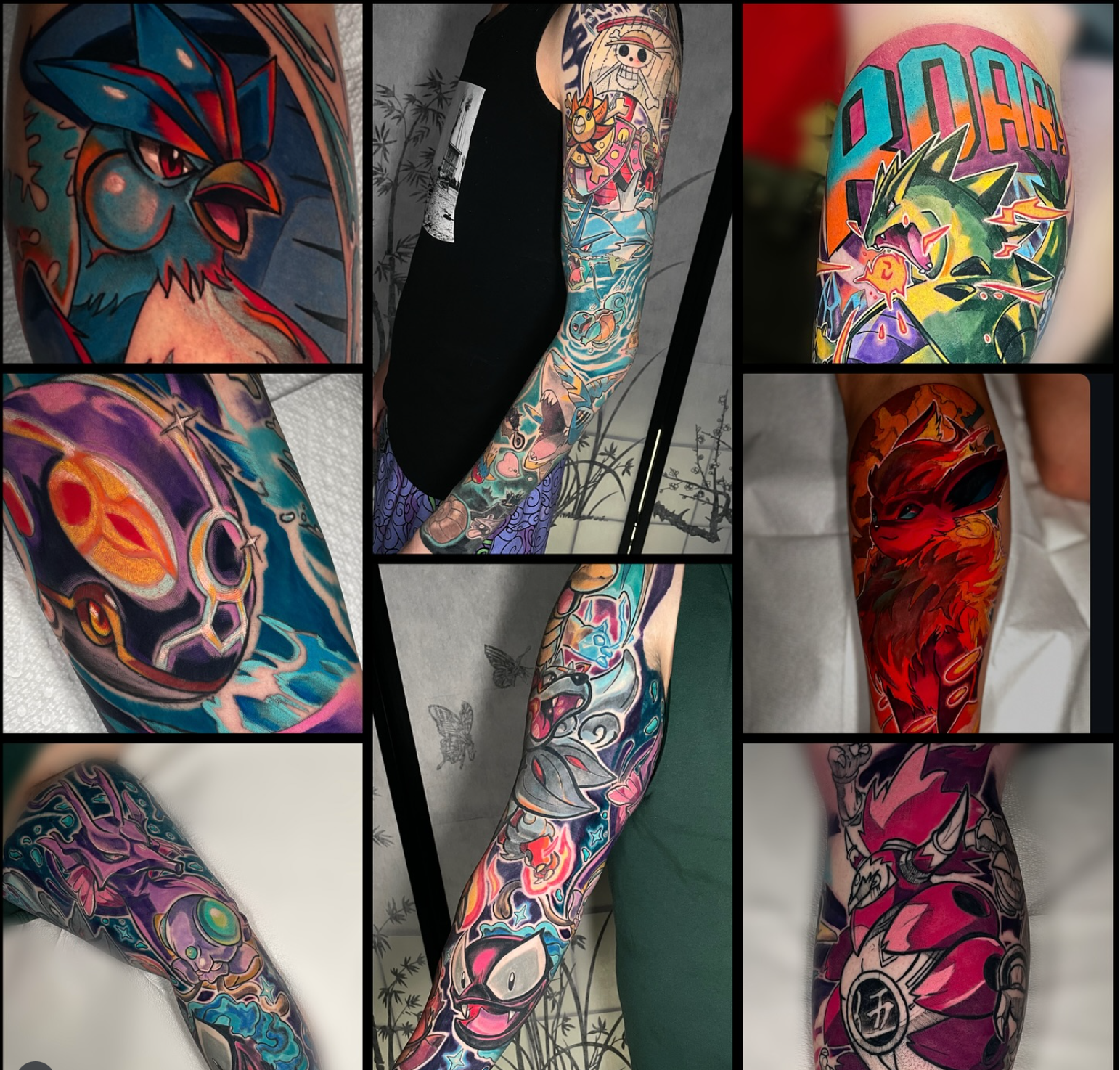 Collage of Anime based tattoos like Pokemon OnePiece
