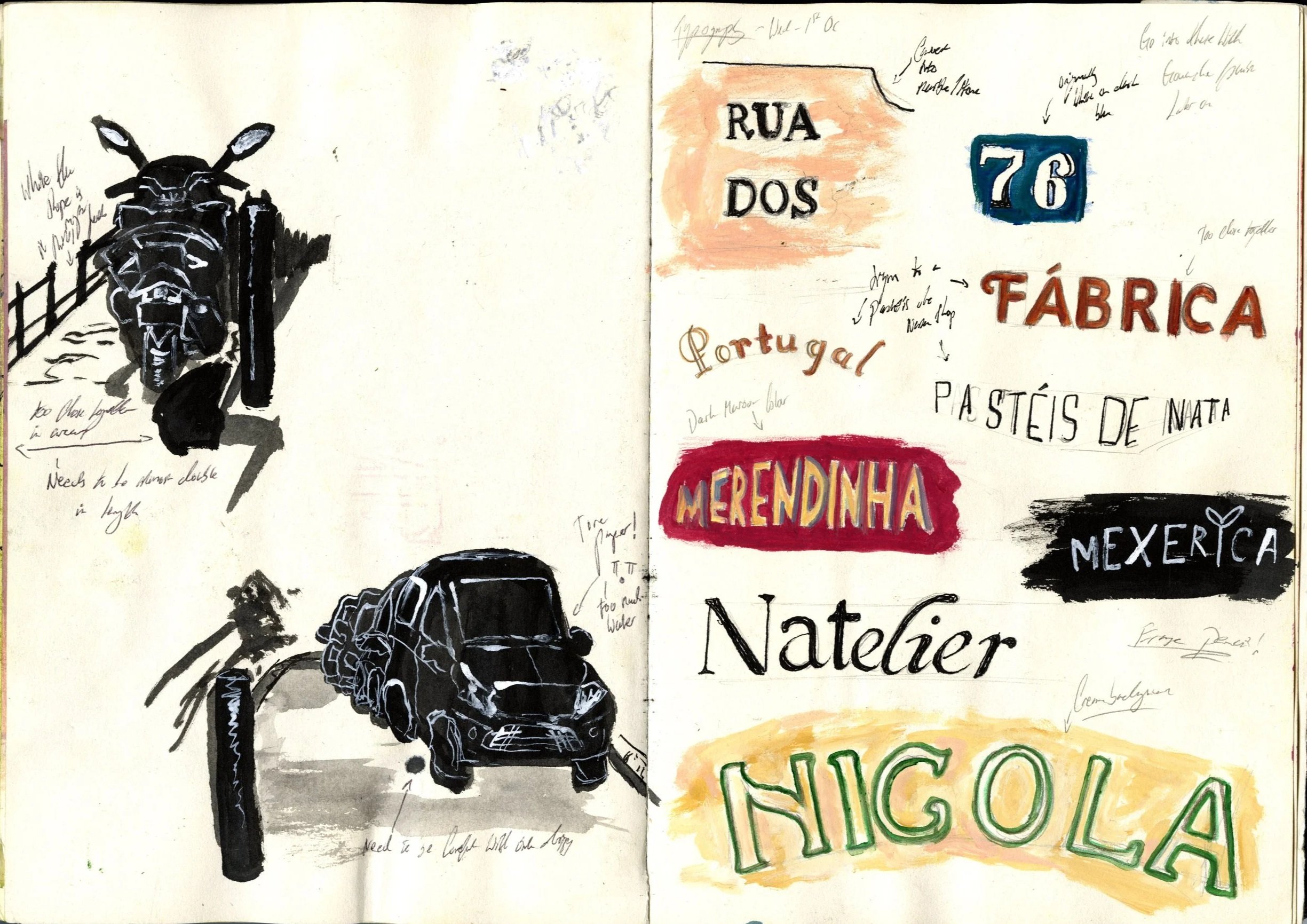 Silhouette study of vehicles and typography studies around Rossio square