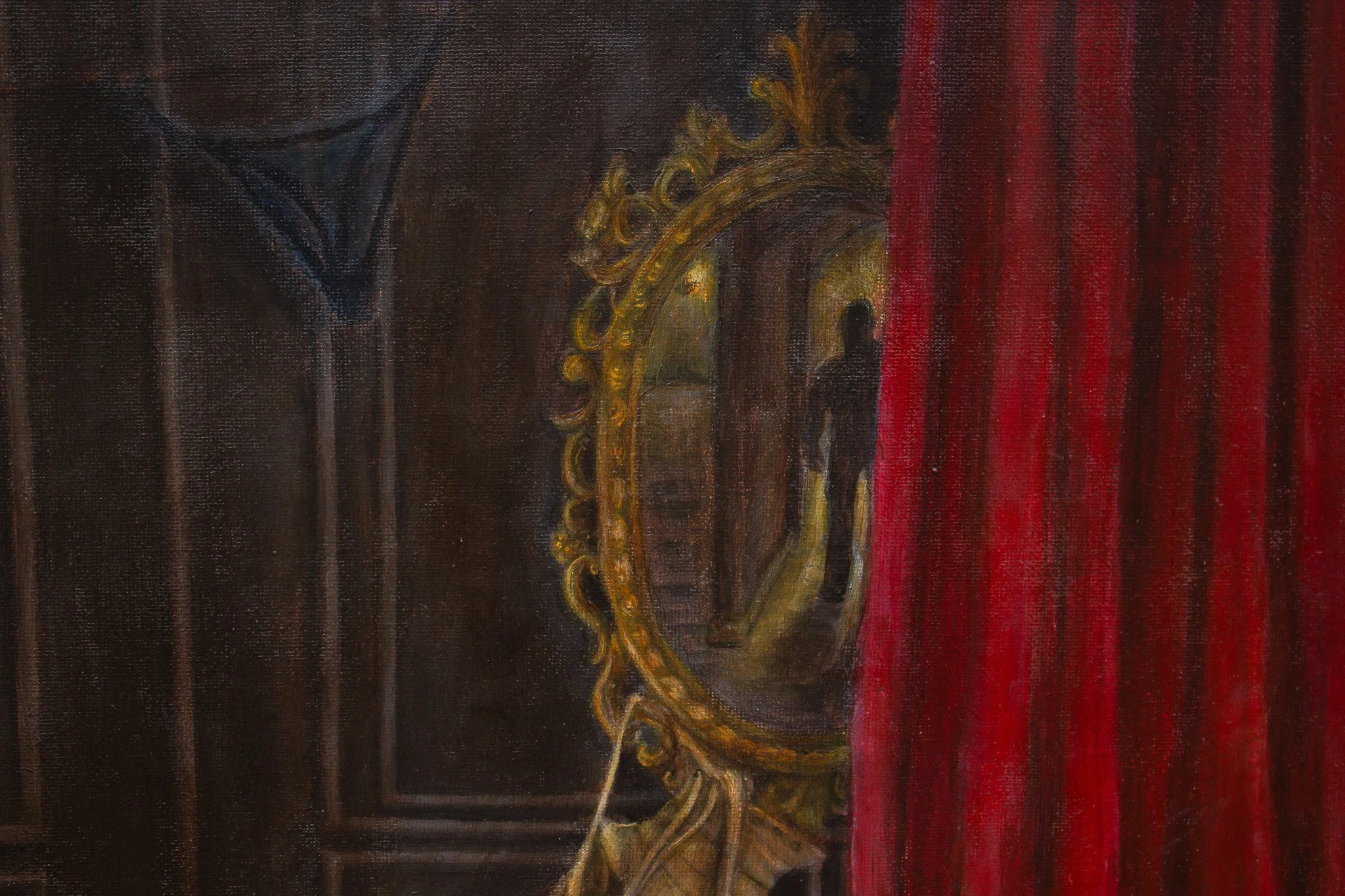 A golden mirror with a reflection of a man in a doorway in the painting 'The Choice'