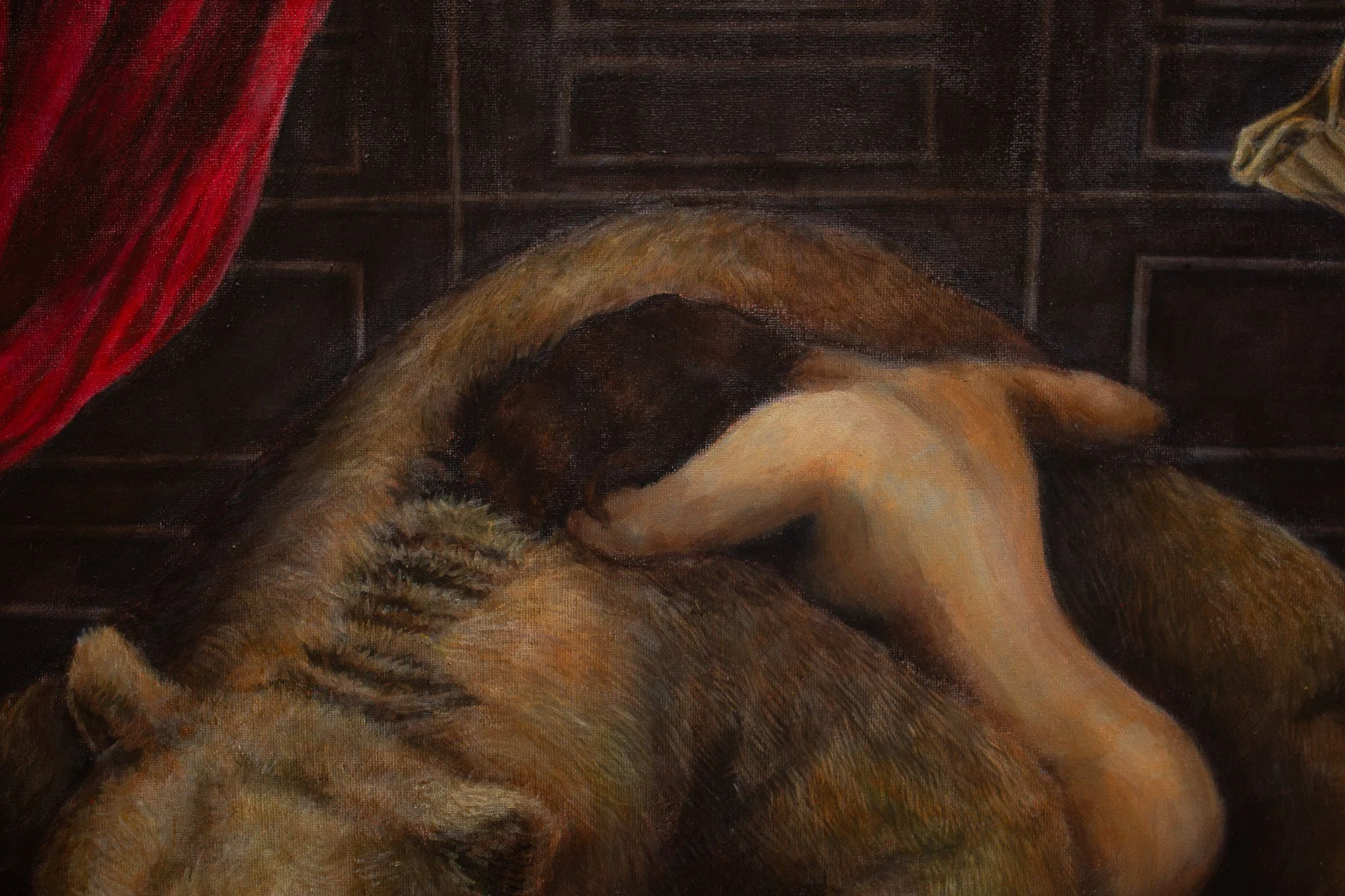 A close up of a woman curled up against the bears side in the painting 'The Choice'