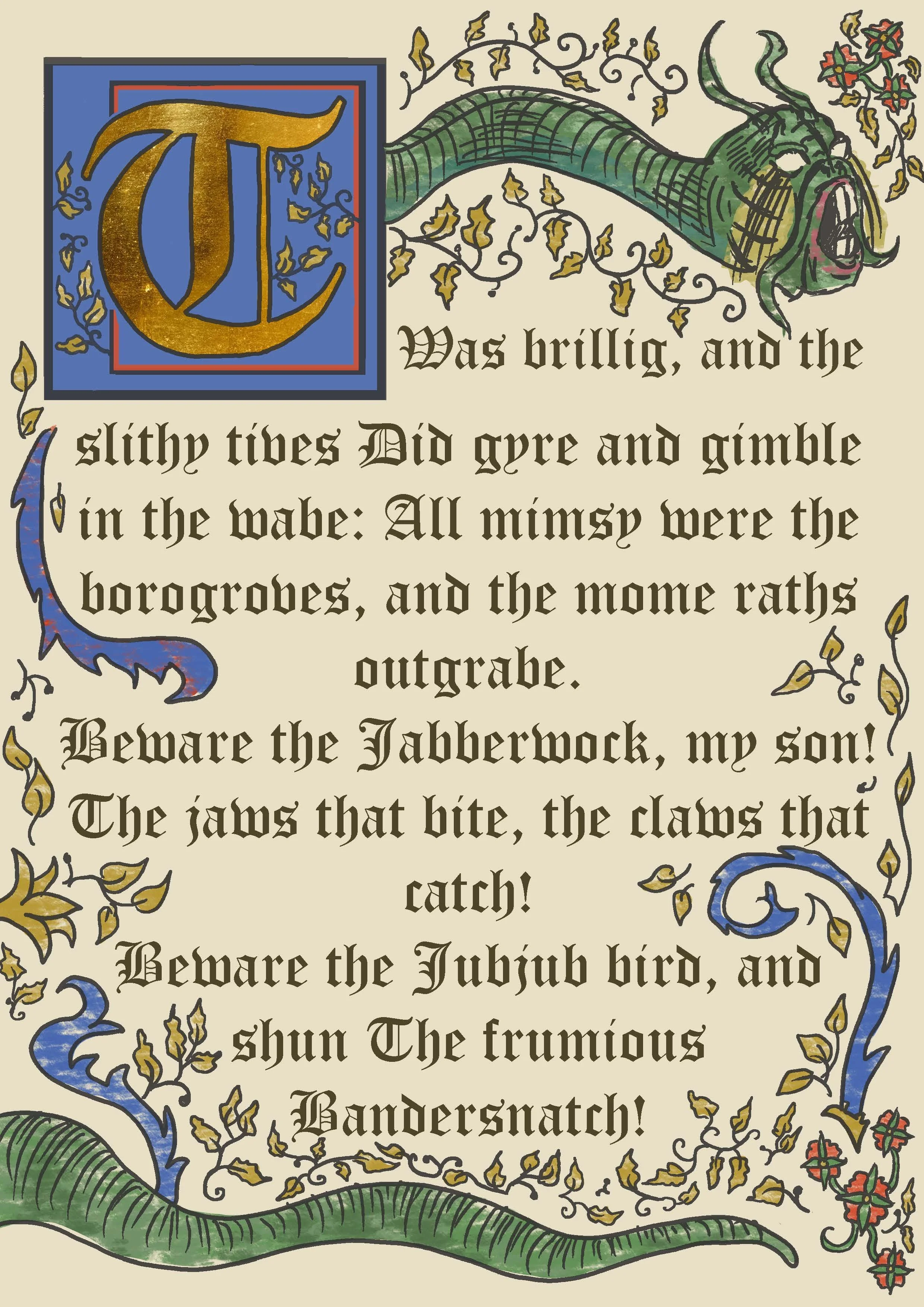 A classical illuminated script illustration of a section of 'The Jabberwocky' by Lewis Carrol