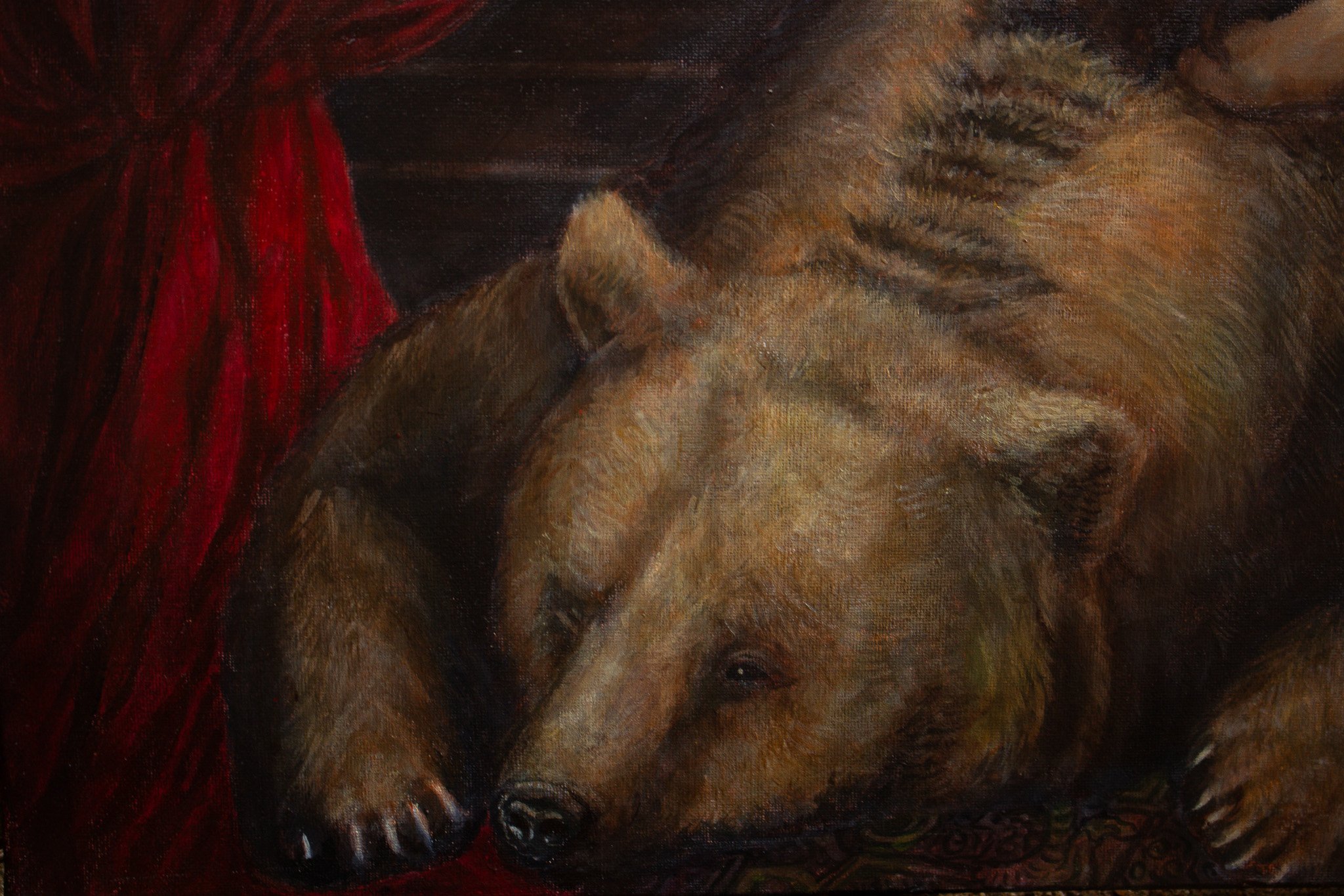 A close up of the bear's face in the painting 'The Choice'