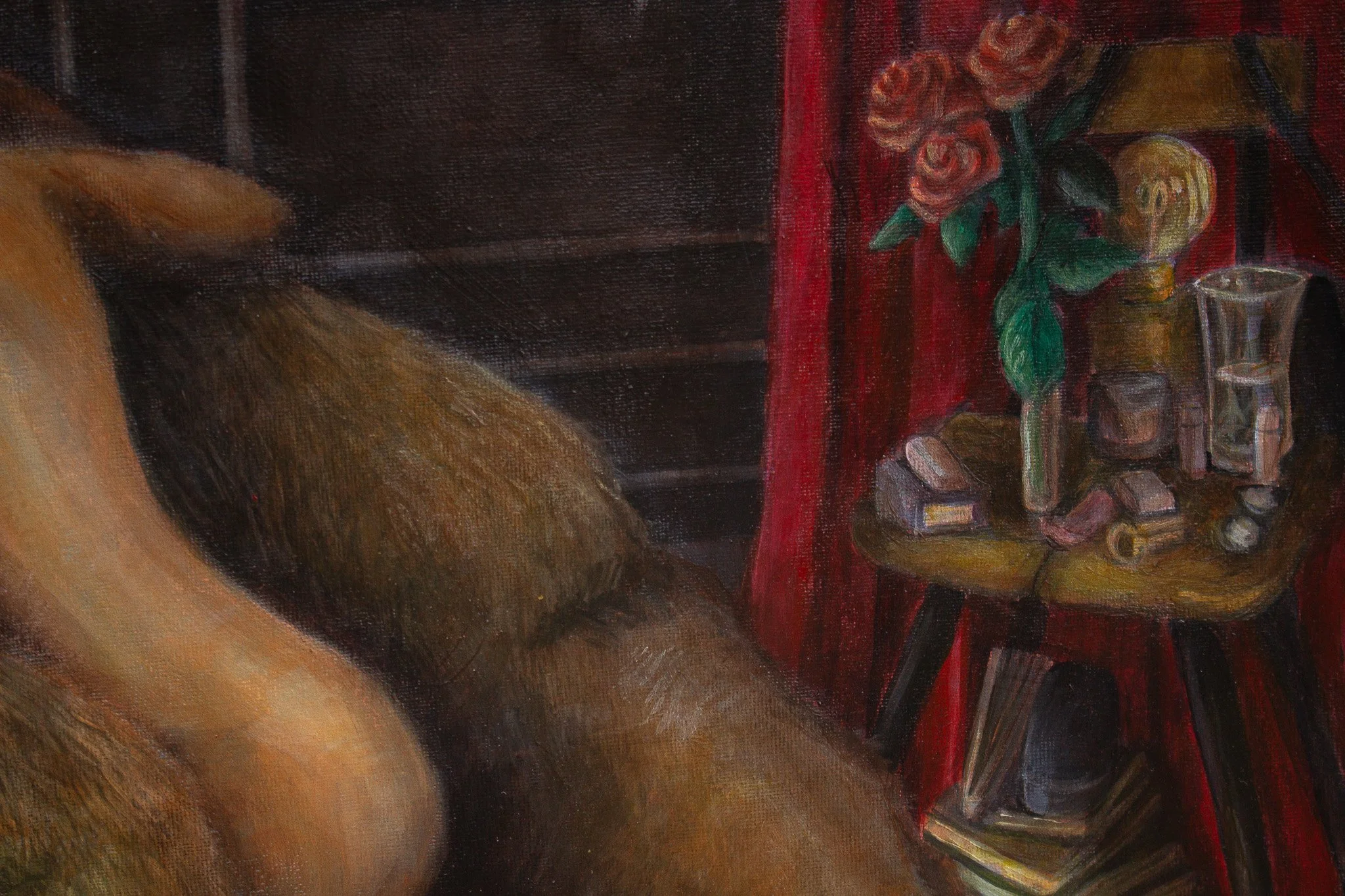 A close up of the chair by the bear and woman in the painting 'The Choice'