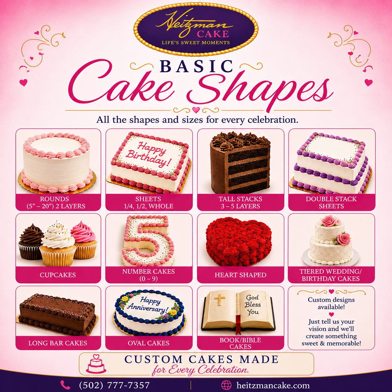 Birthday cake shapes and custom cake options from Heitzman Cake in Louisville, KY, including round, sheet, heart, number, tiered and specialty cakes.