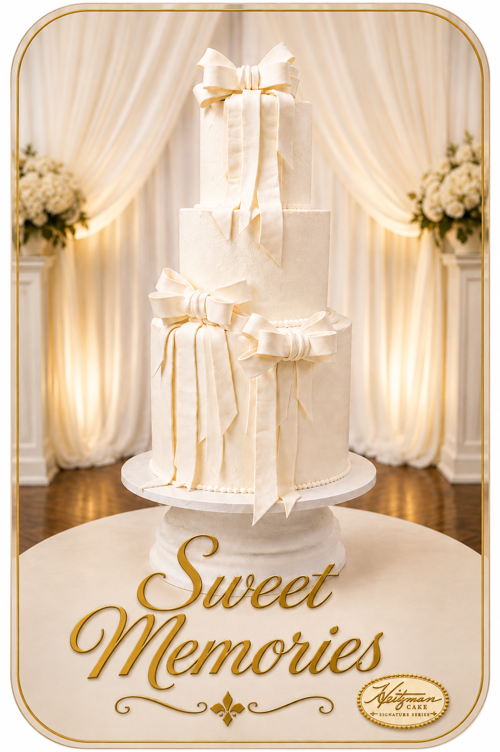Three-tiered white wedding cake decorated with white, pink, and purple flowers and green leaves, placed on a silver cake board on a white tablecloth.