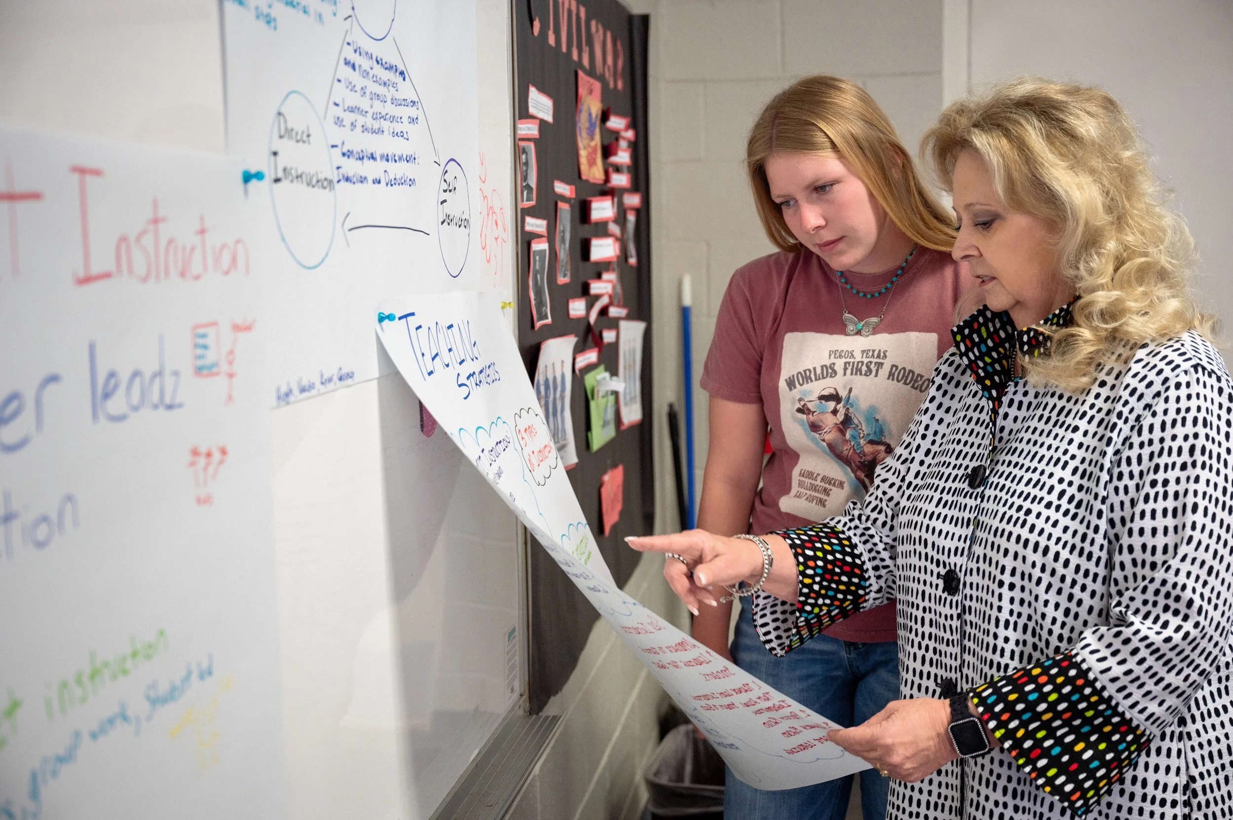 Two women are discussing a large sheet of paper with handwritten notes and diagrams, explaining teaching strategies in a classroom setting.