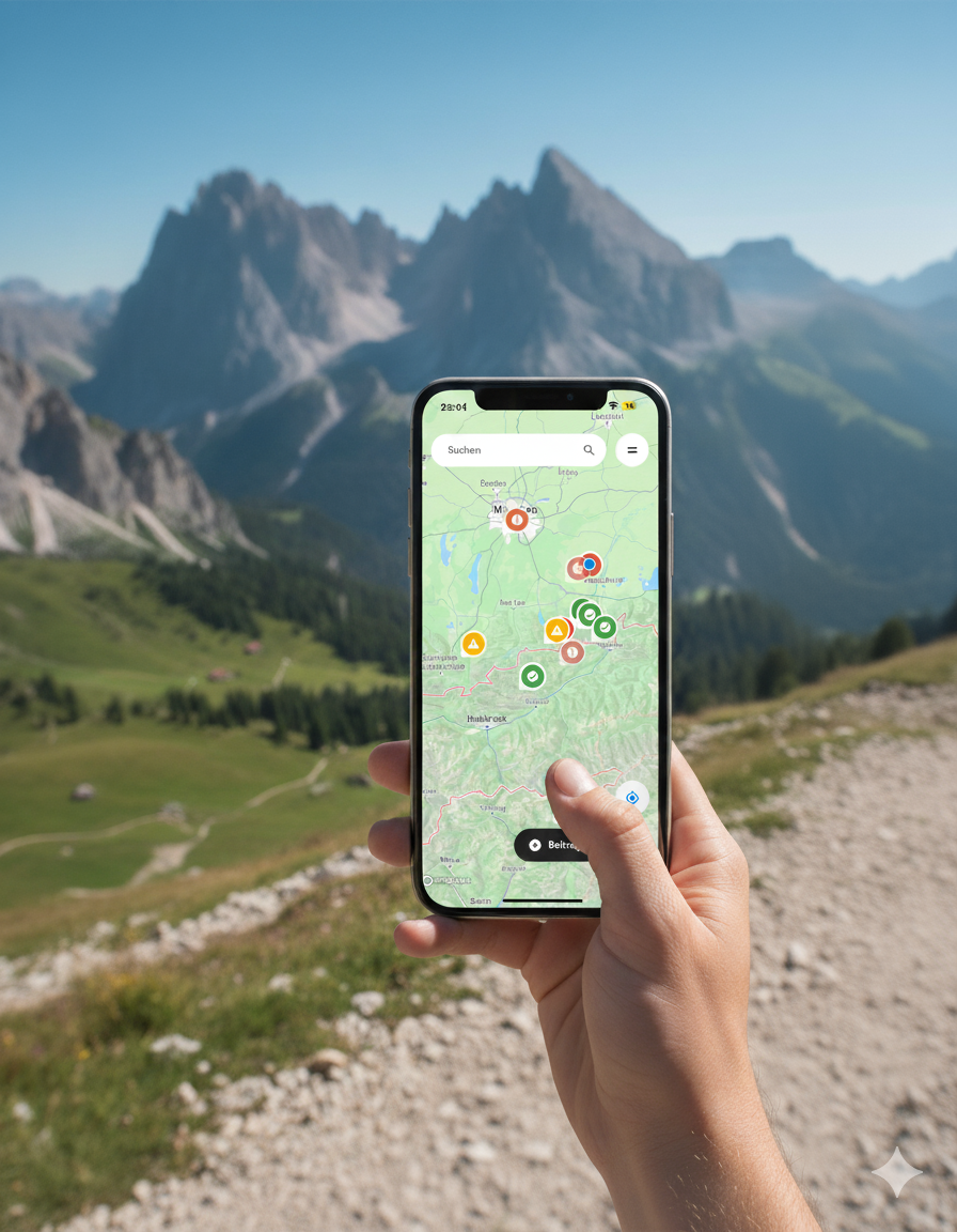 Hand hält ein Smartphone mit einer Karten-App, die in einer Berglandschaft zeigt.