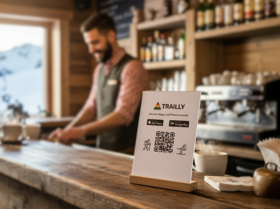 Innenraum eines Cafés mit einem Barista im Hintergrund, der an der Bar arbeitet. Im Vordergrund steht ein QR-Code auf einem kleinen Holzständer auf der Bar, umgeben von Tassen und einem Becher.