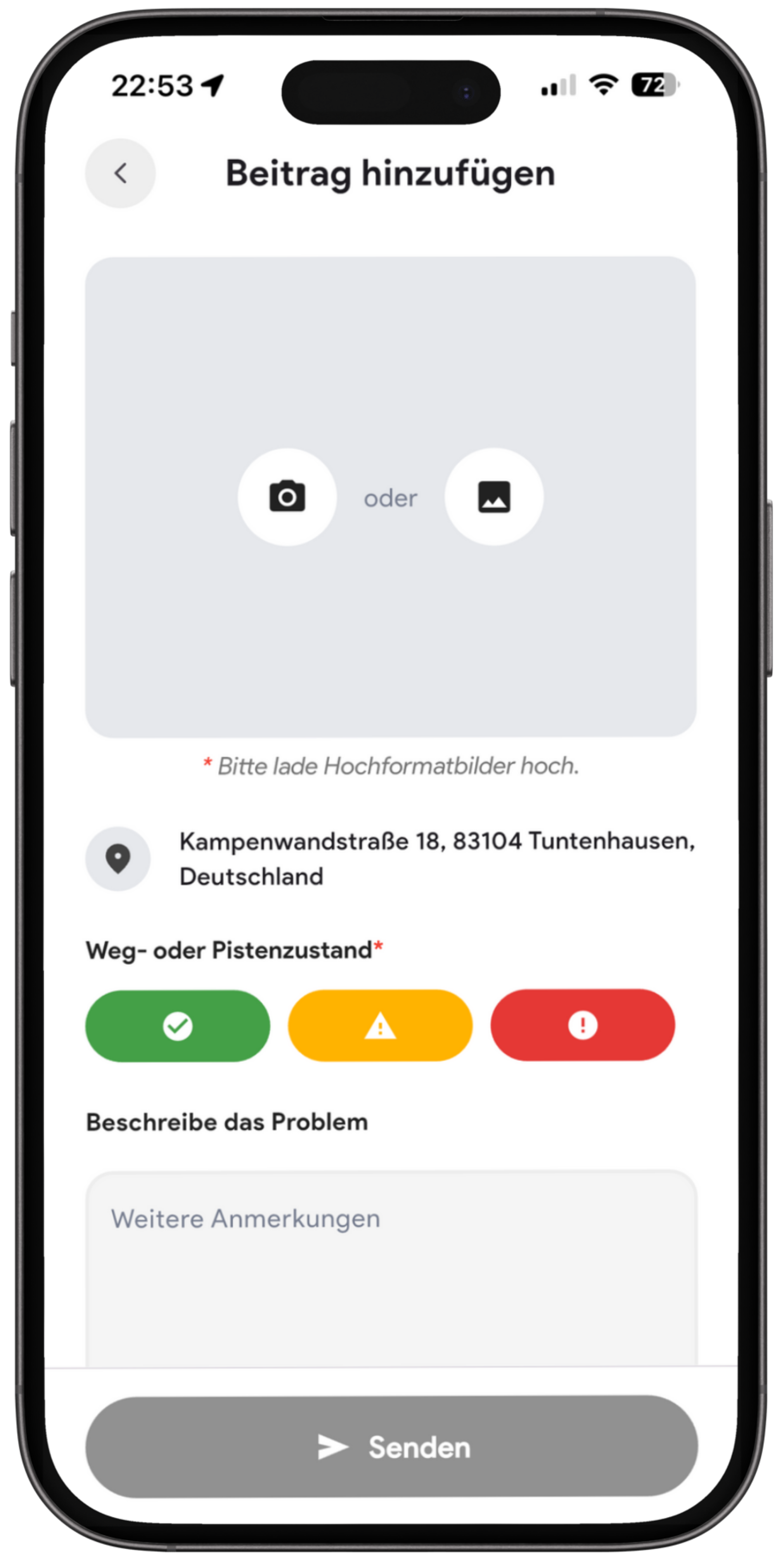 Screenshot einer Smartphone-App zur Beitragsmeldung, zeigt die Adresse, Ampelsystem und Anmerkungen, mit Schaltflächen für Statuswahl (grün, gelb, rot) und Senden am unteren Bildschirmrand.