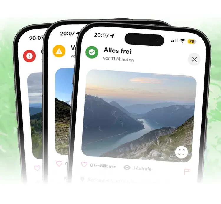 Drei Smartphones zeigen Fotos und Benachrichtigungen, die den Status 'Alles frei' anzeigen, vor einer grünen Hintergrundkulisse.