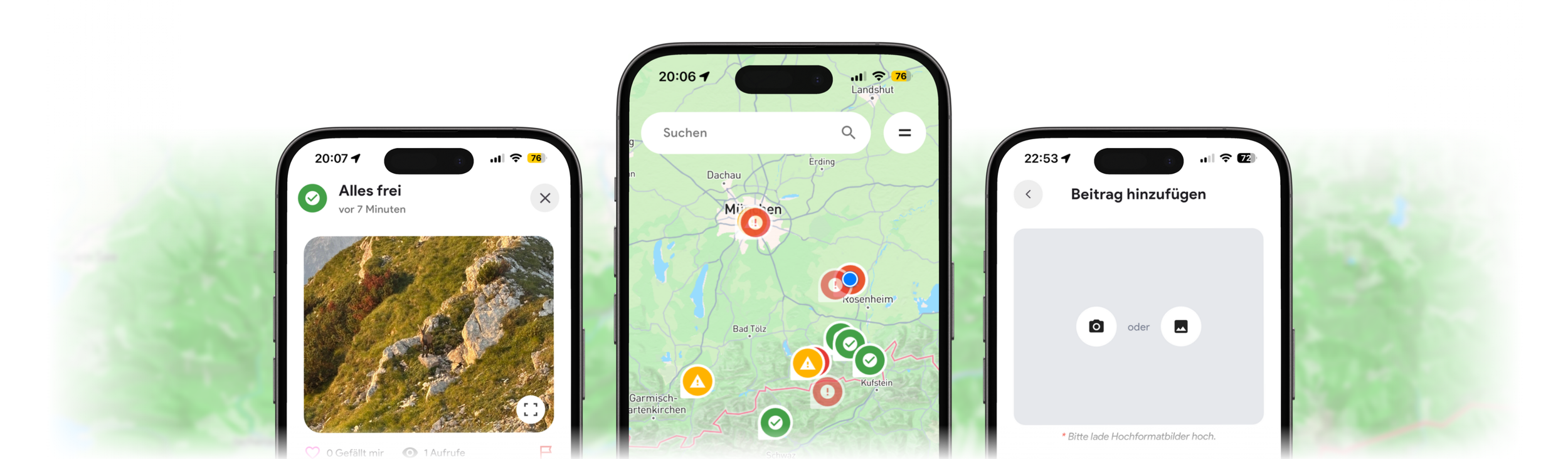 TRAILLY App Titelbild: Alpine Wanderer nutzen die App zur Anzeige von aktuellen Wegzuständen mit Ampelsystem auf einer Karte im Bergpanorama.