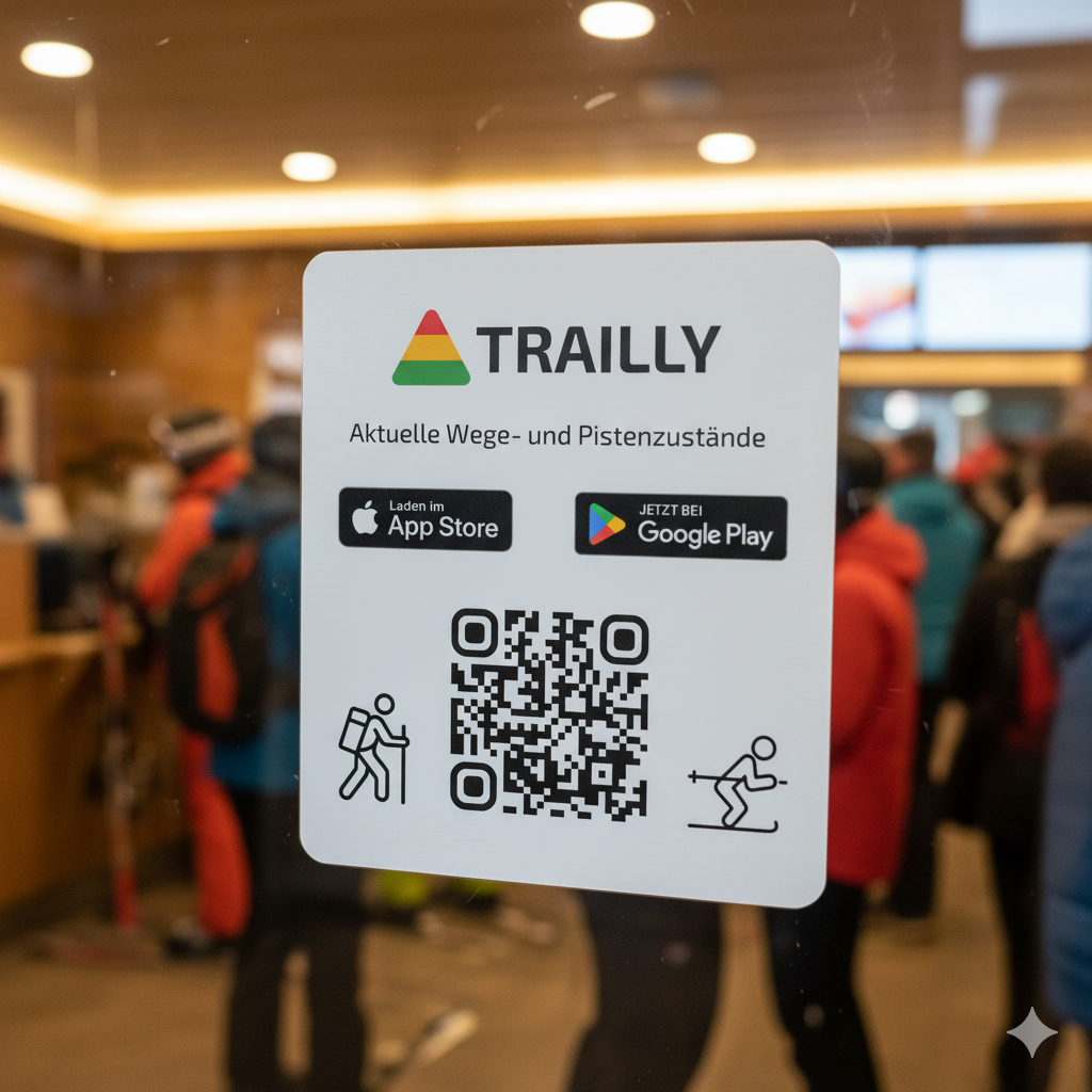 Ein Aushang mit dem Titel 'Trailly' in einem Innenraum, der Informationen über Wege- und Pistenstatus, QR-Code, und Download-Links für Apps im Apple App Store und Google Play zeigt, mit mehreren Menschen im Hintergrund.