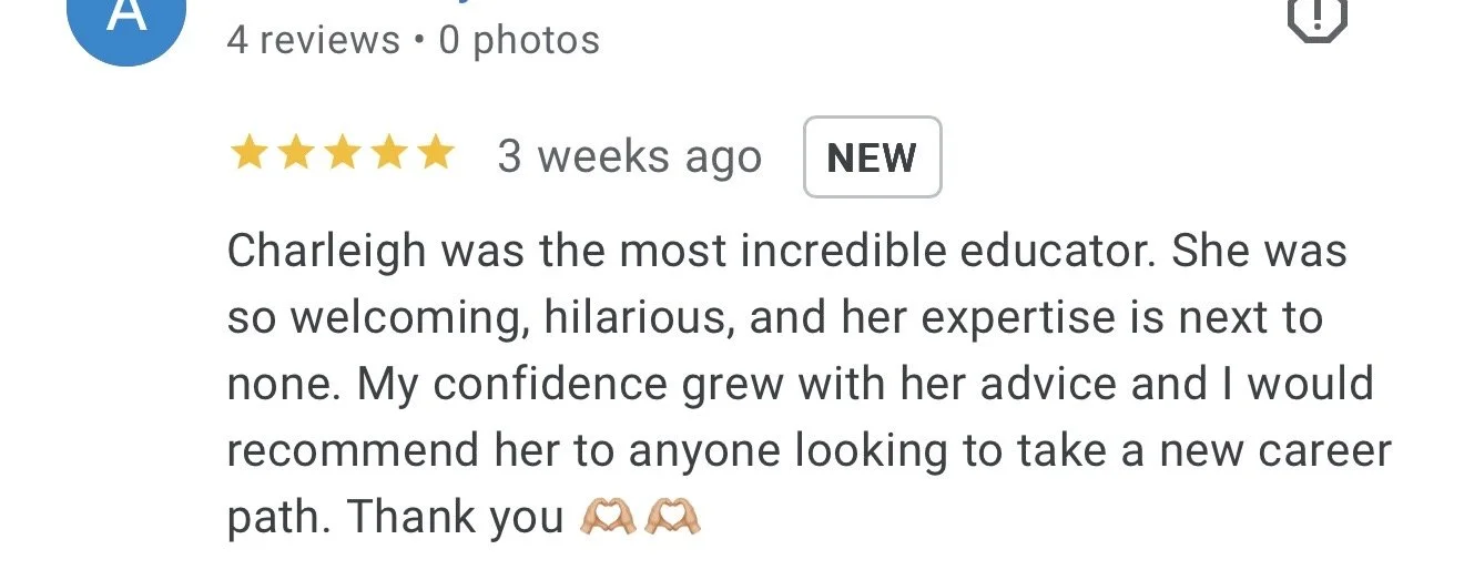 Screenshot of a 5-star review for an educator named Charleigh, posted 3 weeks ago, praising her for being engaging and helpful, with a heart hands emoji at the end.