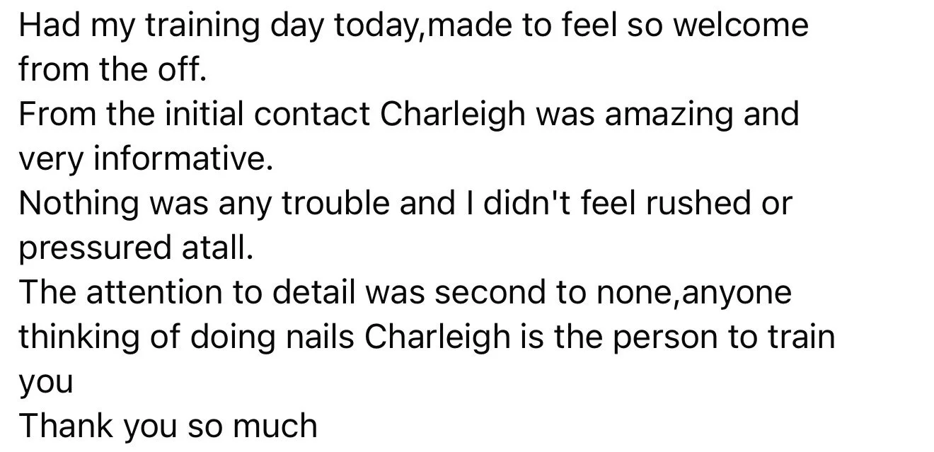 Text message discussing a positive training experience with Charleigh, mentioning initial contact, detailed attention, and gratitude.