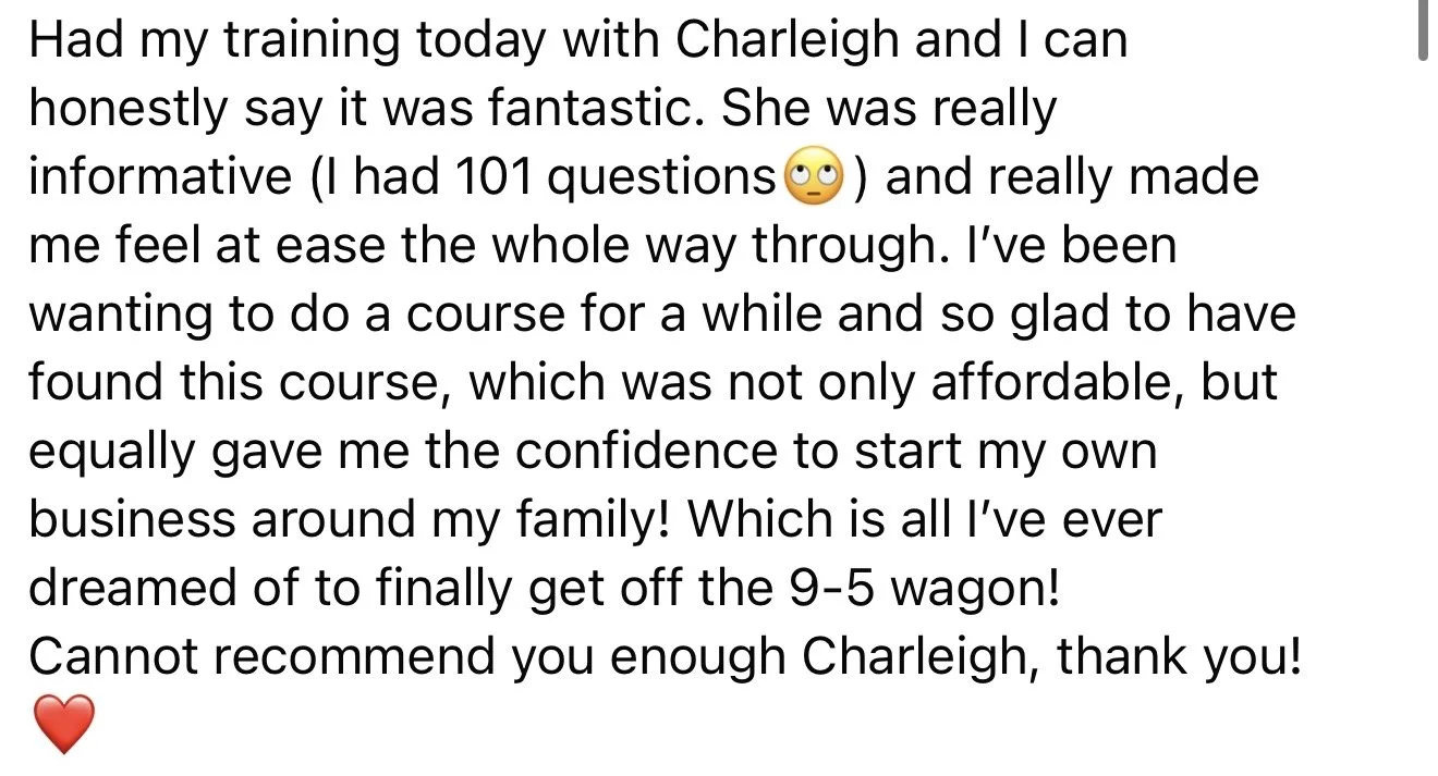 Customer review expressing satisfaction with a training course, mentioning Charleigh as the instructor, with an emoji showing eye-rolling and a red heart emoji at the end.
