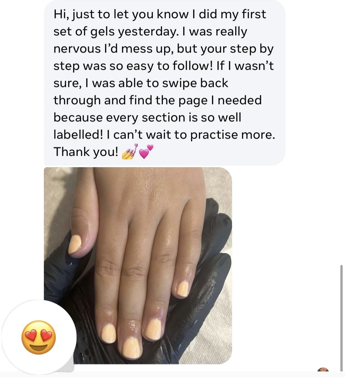 Close-up of a person's hand with freshly painted nails, resting on a black glove, and a message describing a nail gel experience.