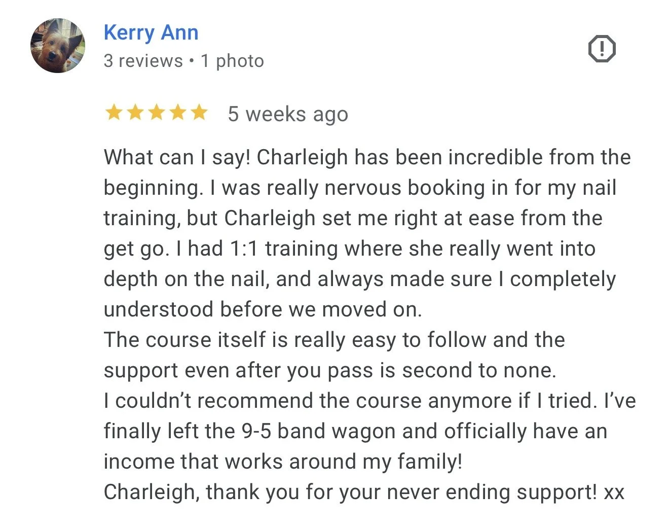 Screenshot of a positive online review for Charleigh on a review platform, praising her nail training services.