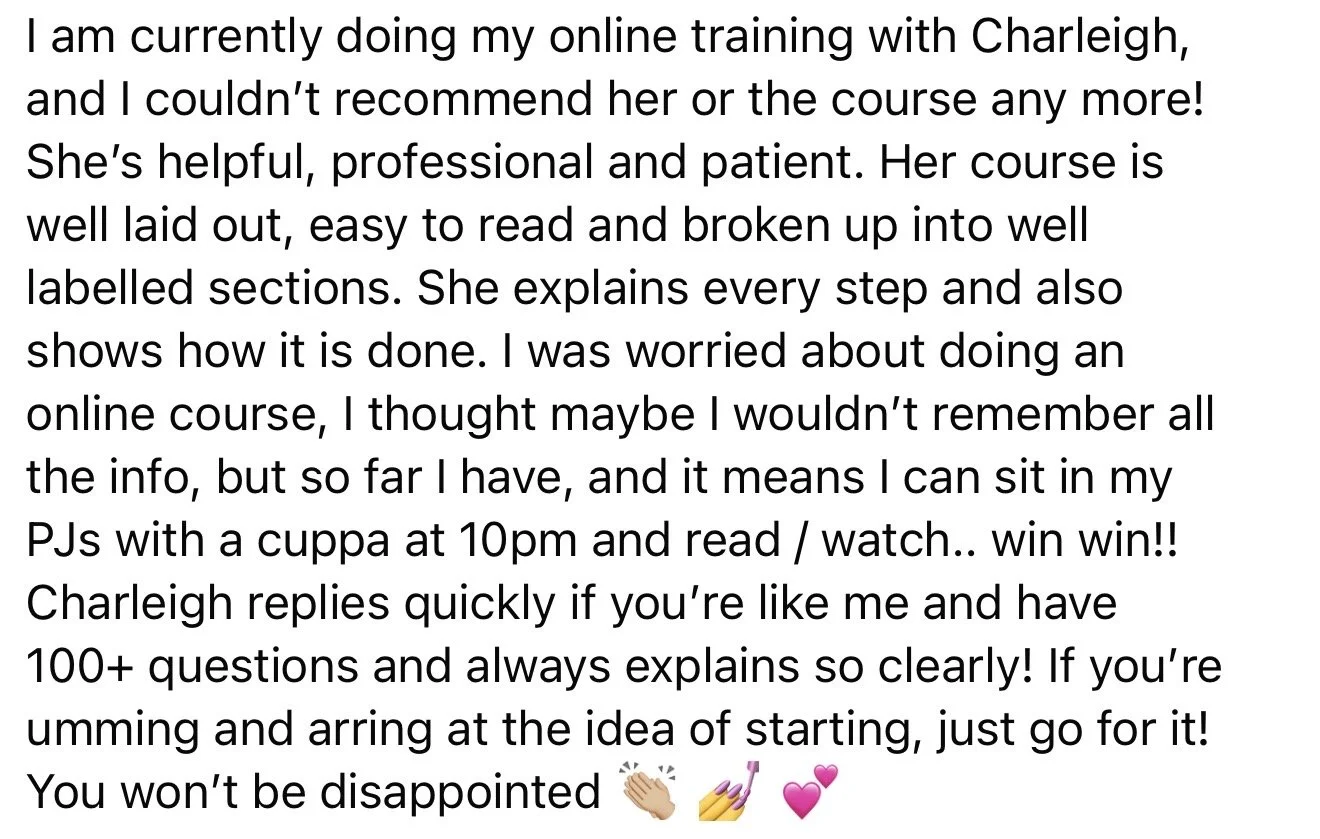 Testimonial about online training with Charleigh, praising her helpfulness, professionalism, clear explanations, and encouraging others to start their own online courses.