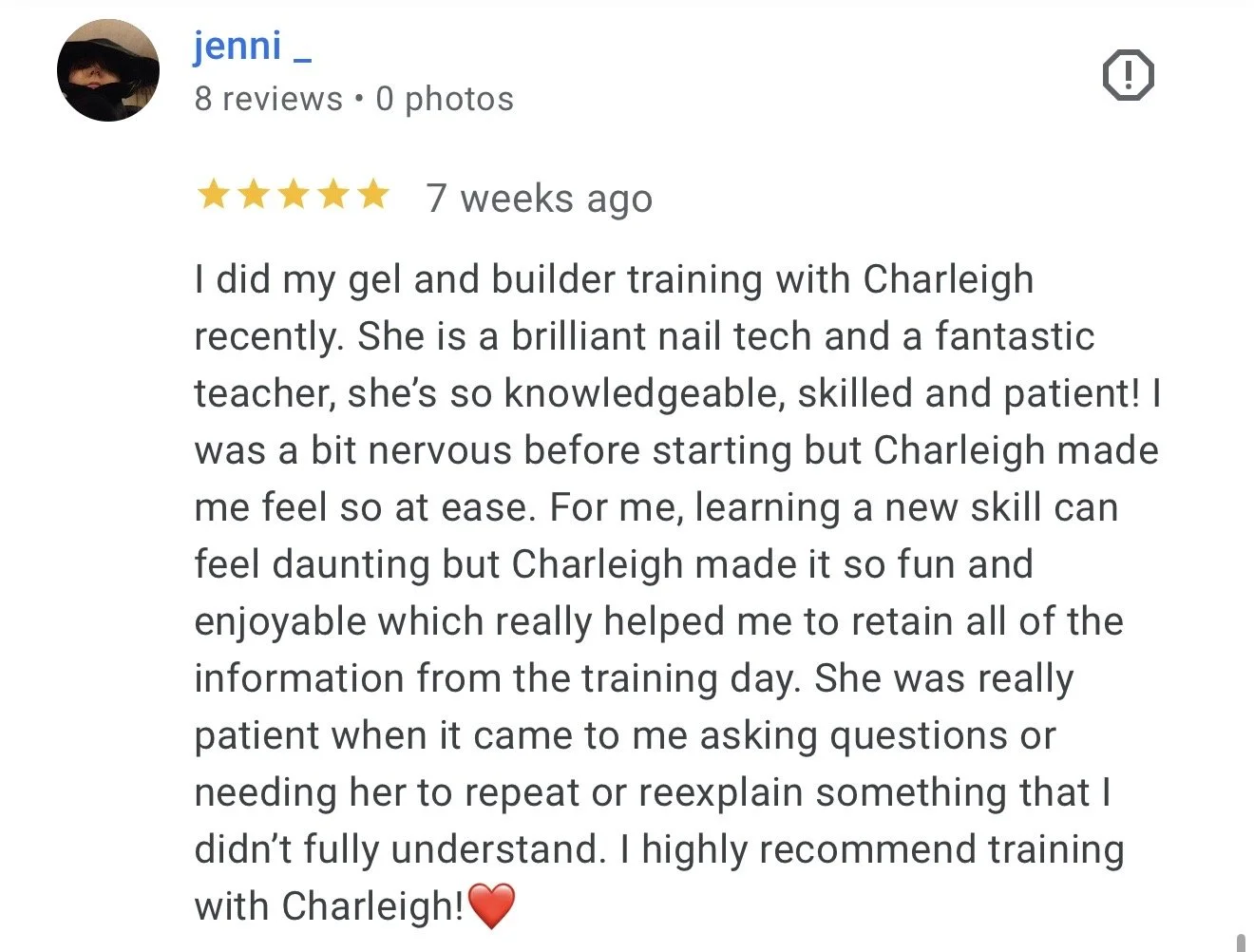 Screenshot of a positive online review for a training with Charleigh, mentioning satisfaction with the nail technician's skills and teaching style.