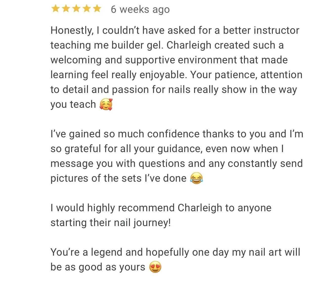 Screenshot of a 5-star rating review with text praising an instructor for nail art teaching. The review mentions gratitude, confidence gained, and recommends the instructor to others. The review also contains emojis: a smiling face with hearts, a lau