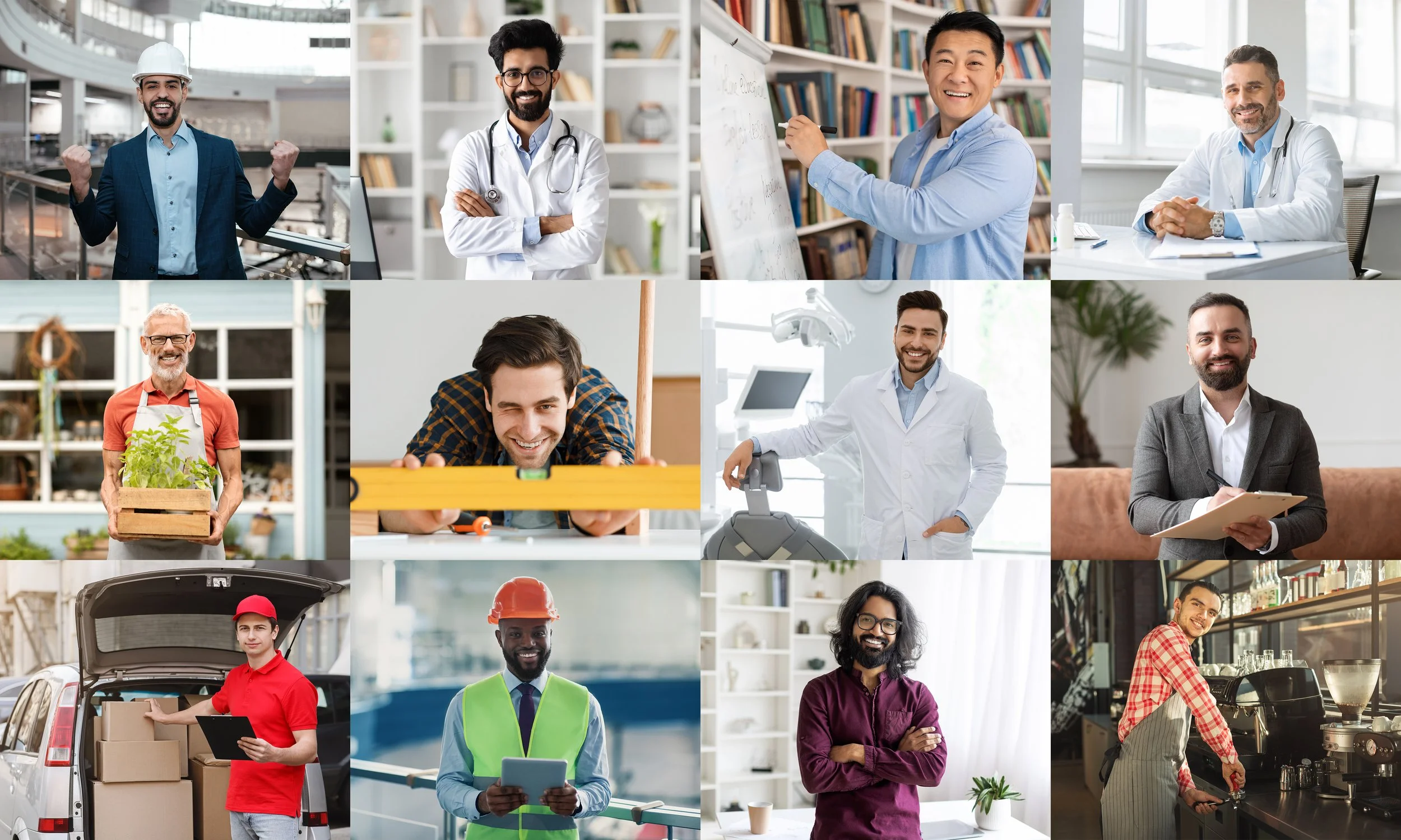 Collage of diverse professionals including a man in a hard hat, doctors, teachers, gardeners, a surveyor, a dental hygienist, an office worker, a barista, and a delivery person, each in their work environment.