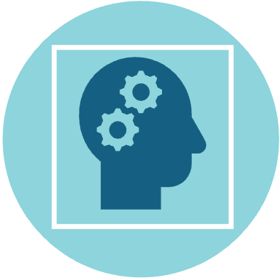 Icon of a human head with gears inside, representing thinking or mental processes.