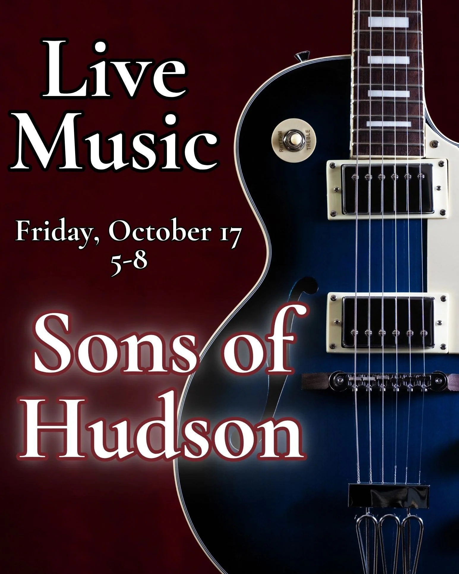 Our Summer Friday music series finishes with the return of everyone's favorite-
Sons of Hudson!!!

Come close out the season with some cocktails and tunes. 

Weather permitting we'll be out on the deck. 

Find out new live music series this month, Sa