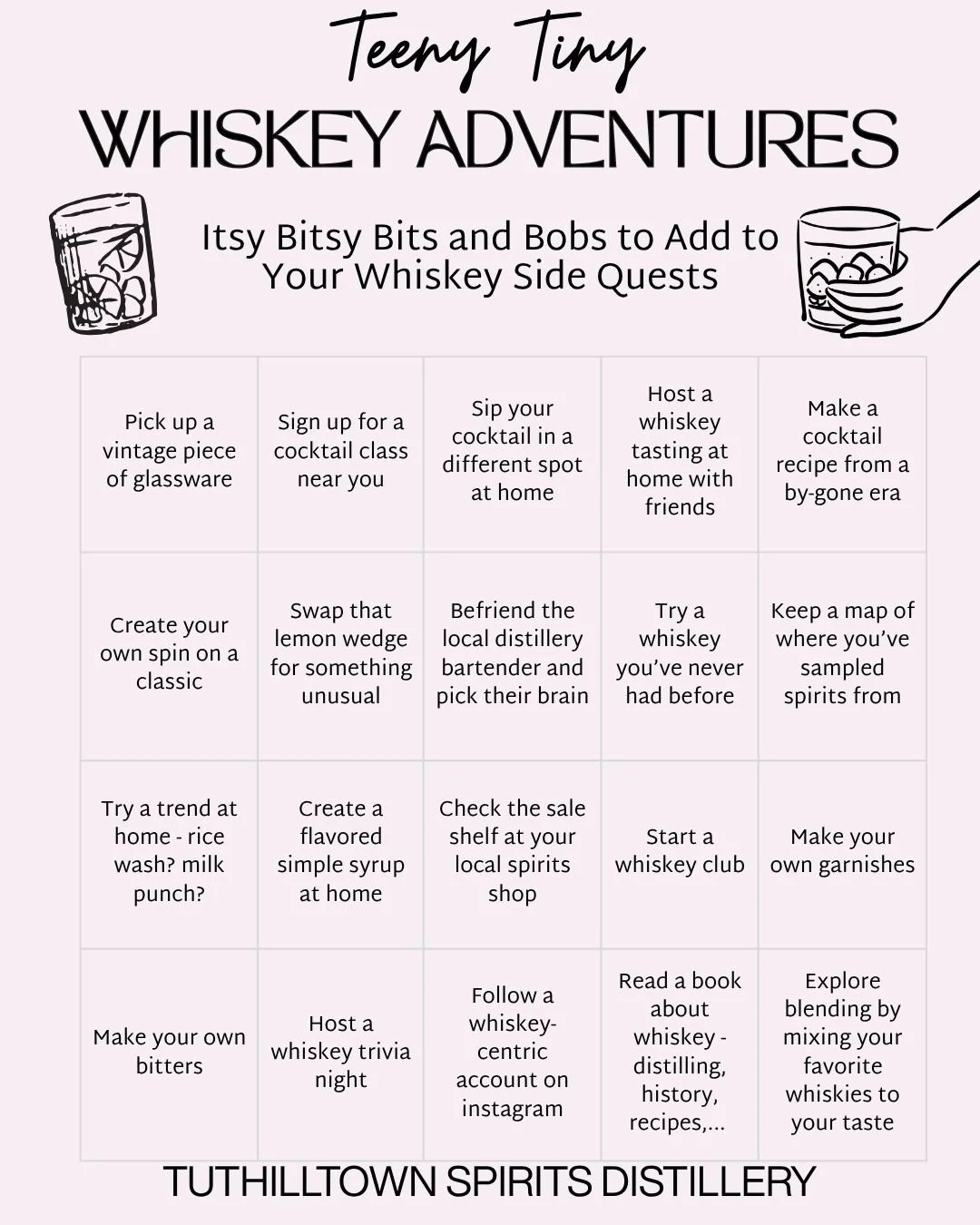 Why not romanticize your Whiskey Journey this summer with a few itty bitty side quests?! 

No big lifts. Nothing too far from the comfort zone. But side quests, they are.

Happy Trekking and Exploring!!!
