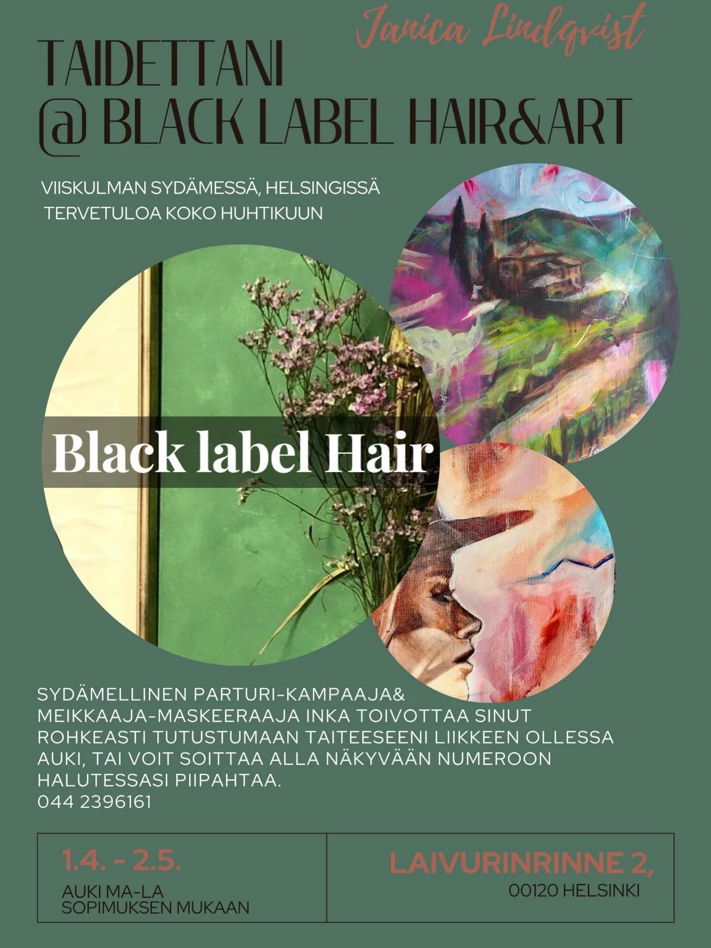 Heeeii! Jos asut pk-seudulla tai vaikka muualta, niin k&auml;yk&auml;&auml;h&auml;n katsomassa taidettani Black label hair&amp;art liikkeen seinill&auml;! Voit matalalla kynnyksell&auml; k&auml;yd&auml; sen auki ollessa ja/tai tiedustella suoraan Ink