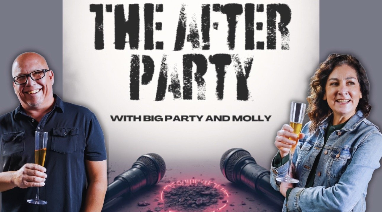A promotional graphic for a party titled 'The After Party' featuring two smiling people holding glasses of champagne, with microphones on a stage and a neon-lit dance floor.