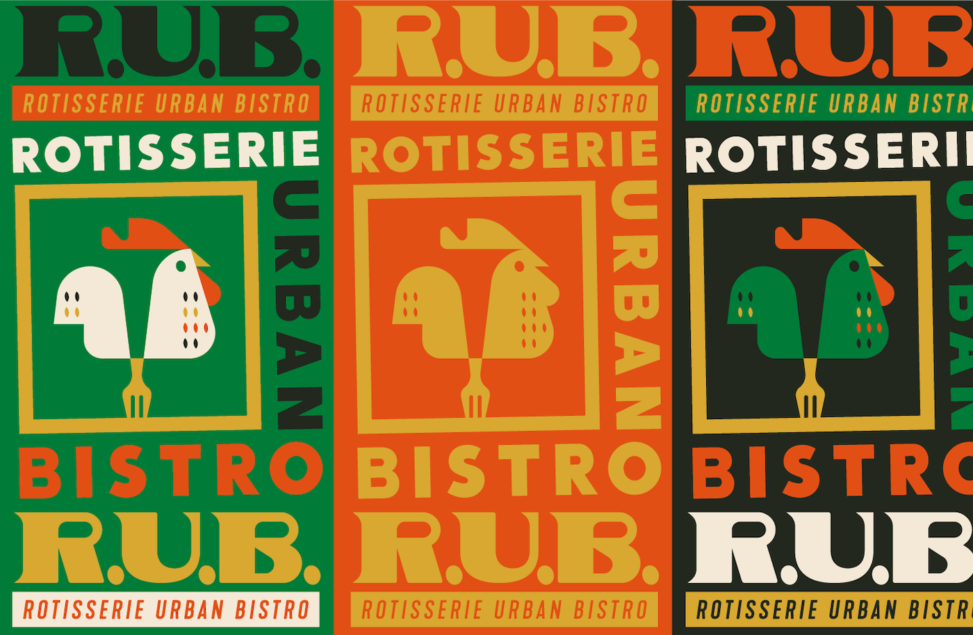 Three colorful restaurant signs with a cartoon goose illustration, each with different background colors (green, orange, black) and similar text reading "R.O.B. ROTISSERIE URBAN BISTRO" and "BISTRO R.U.B.".