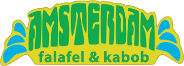 Logo for Amsterdam Falafel & Kabob featuring green, yellow, and blue text and design elements