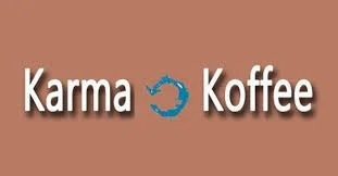 Logo with the words 'Karma Koffee' and a blue circular arrow symbol
